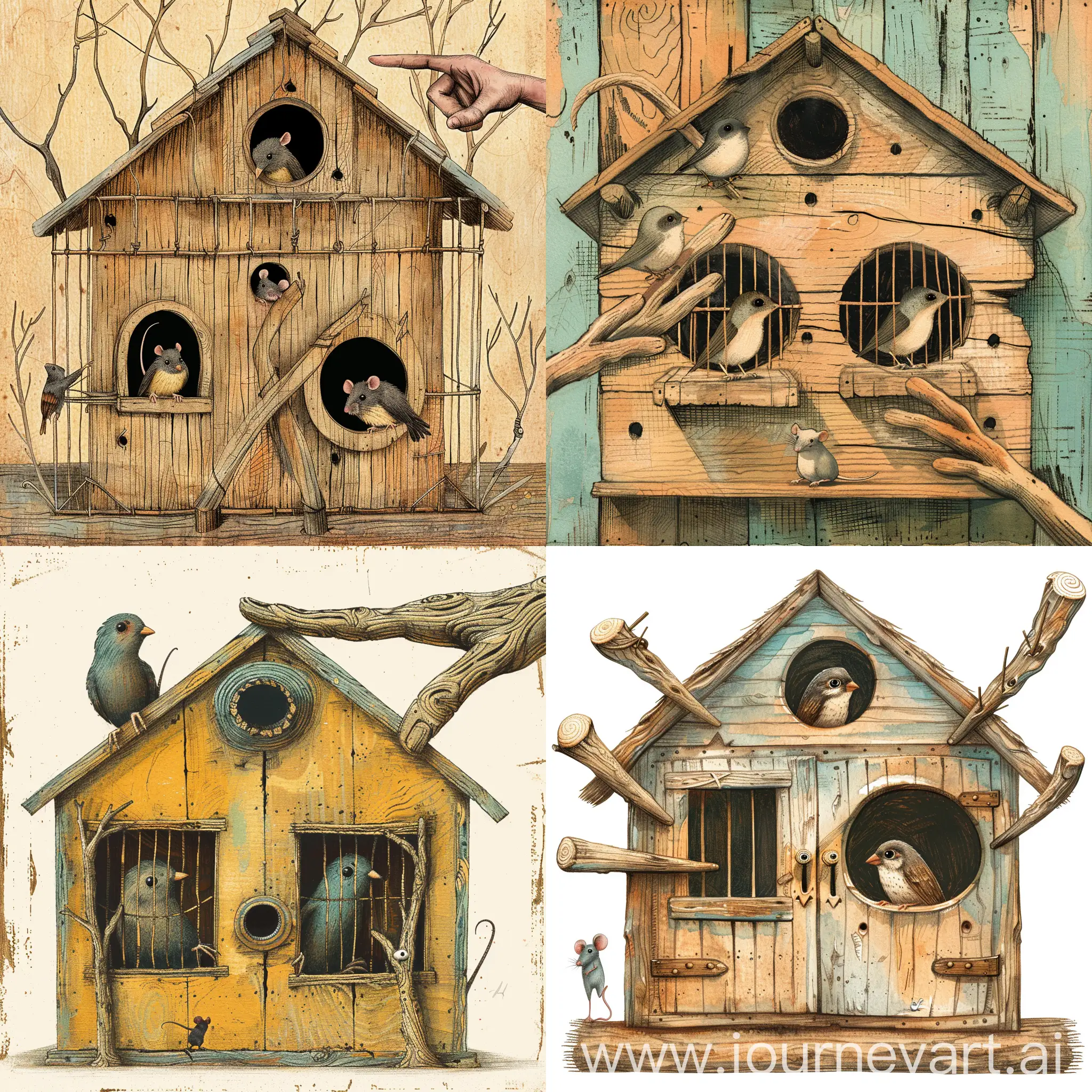 Whimsical-Birdhouse-with-Twig-Hands-and-Playful-Birds