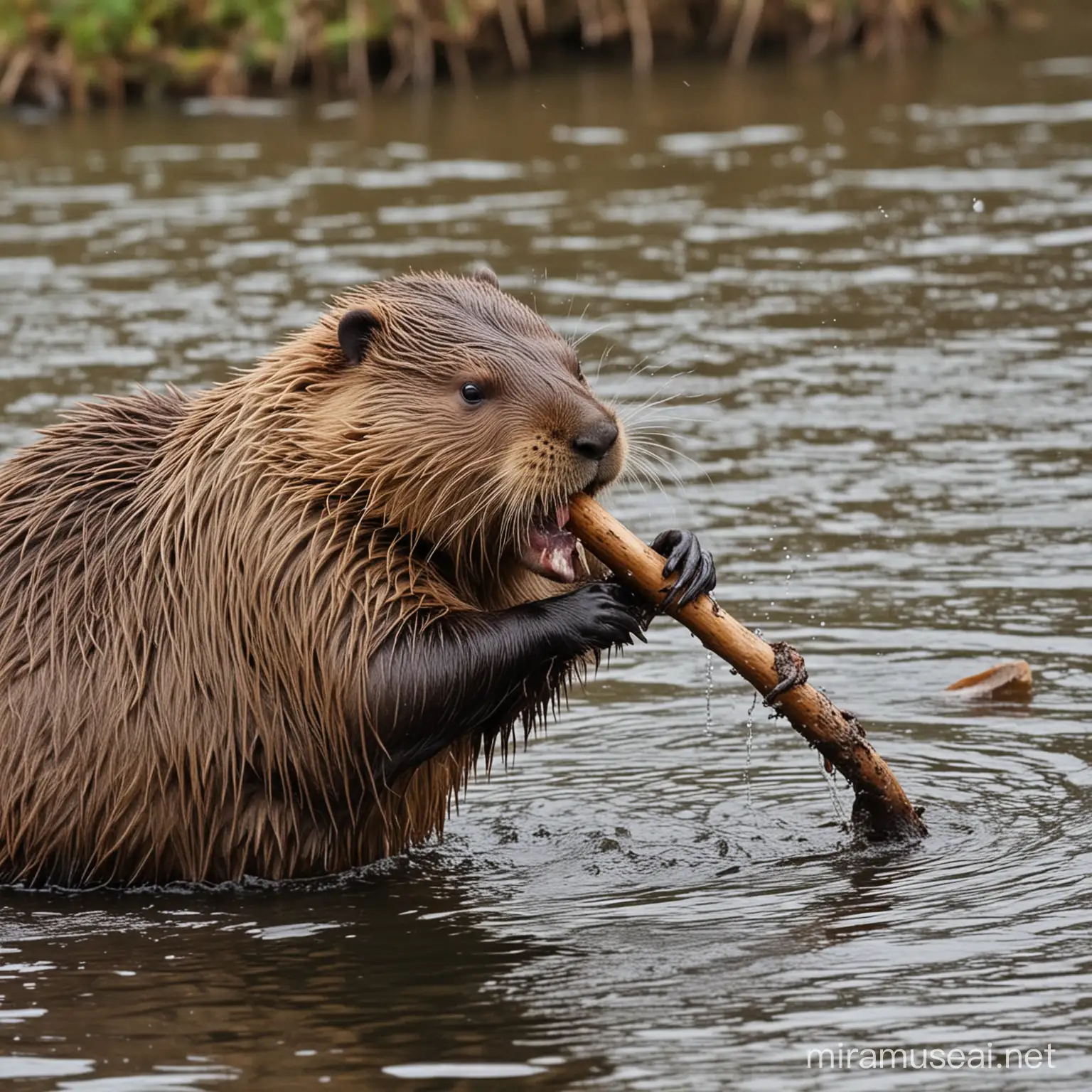 Persistent Beaver Gnawing Stick Despite Adversity