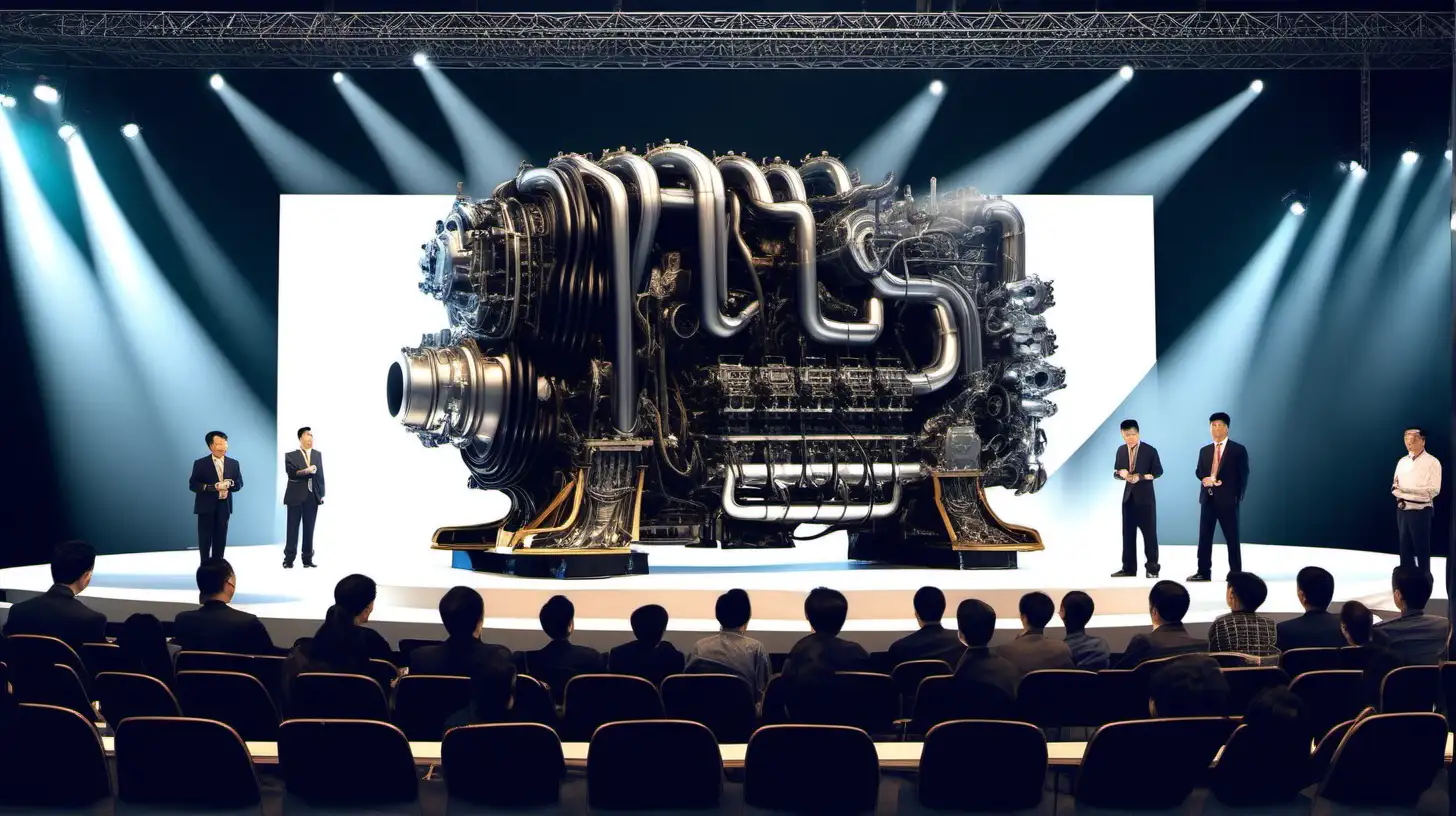 generate a very realistic most powerful engine being presented by a chinese on stage and people listening,