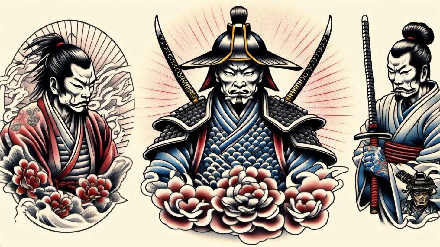 Traditional Samurai Japanese Tattoo Flash on White Background