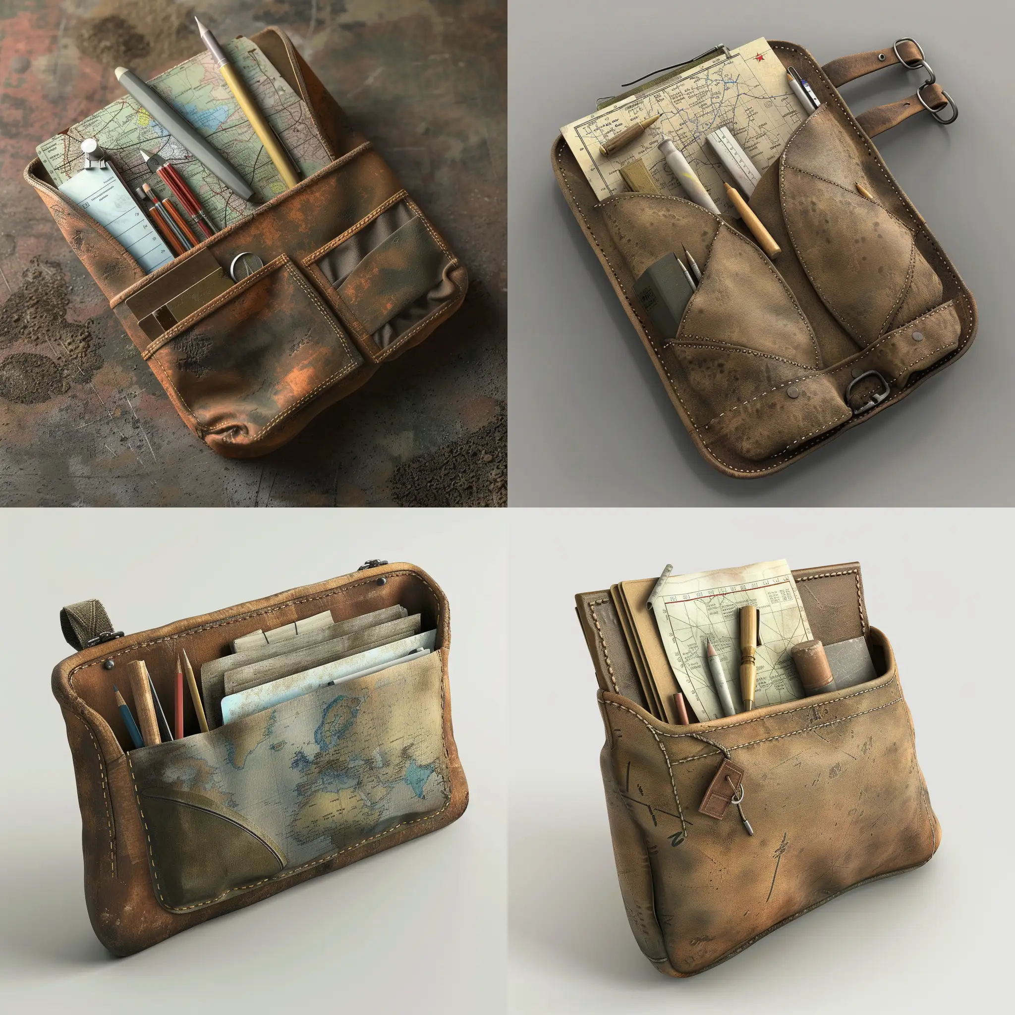 isometric set, realistic worn military cartographic kit sticking out of old soviet oblong leather tactical pouch with little stationery, 3d render, grim