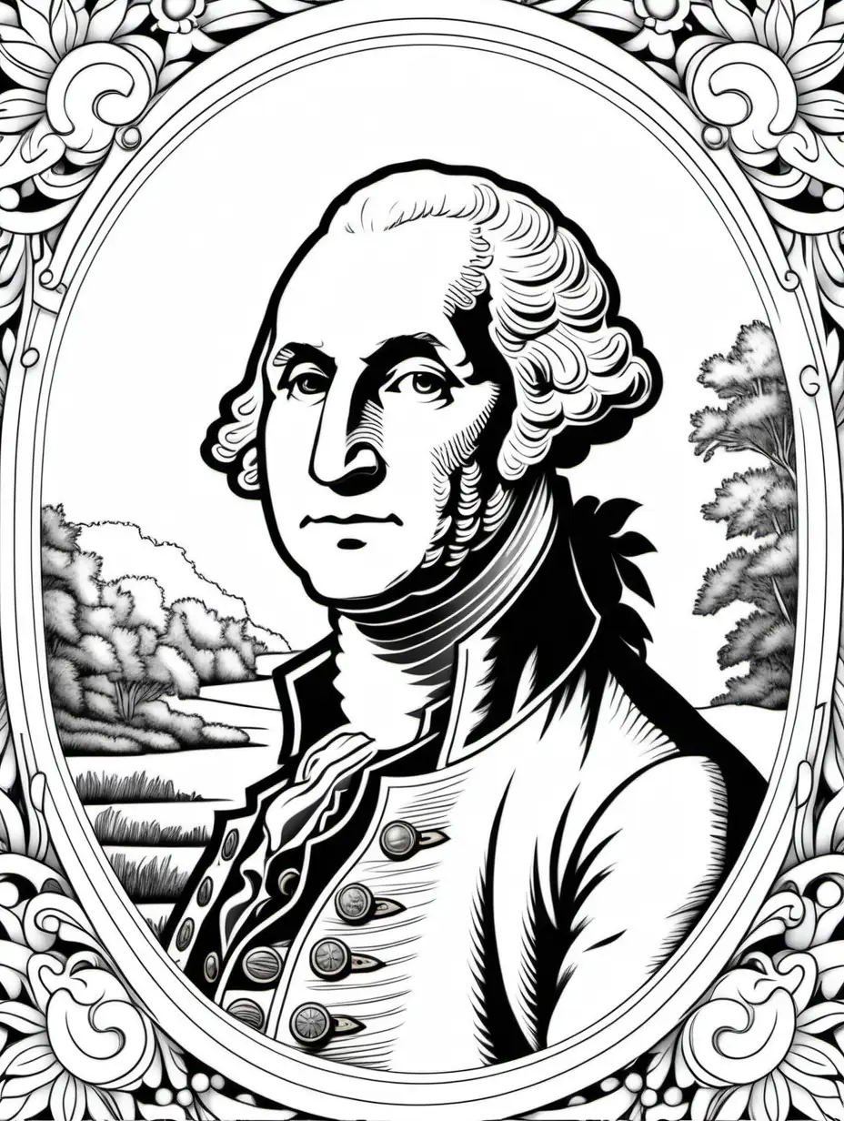 George Washington Coloring Page Historical Black and White Portrait