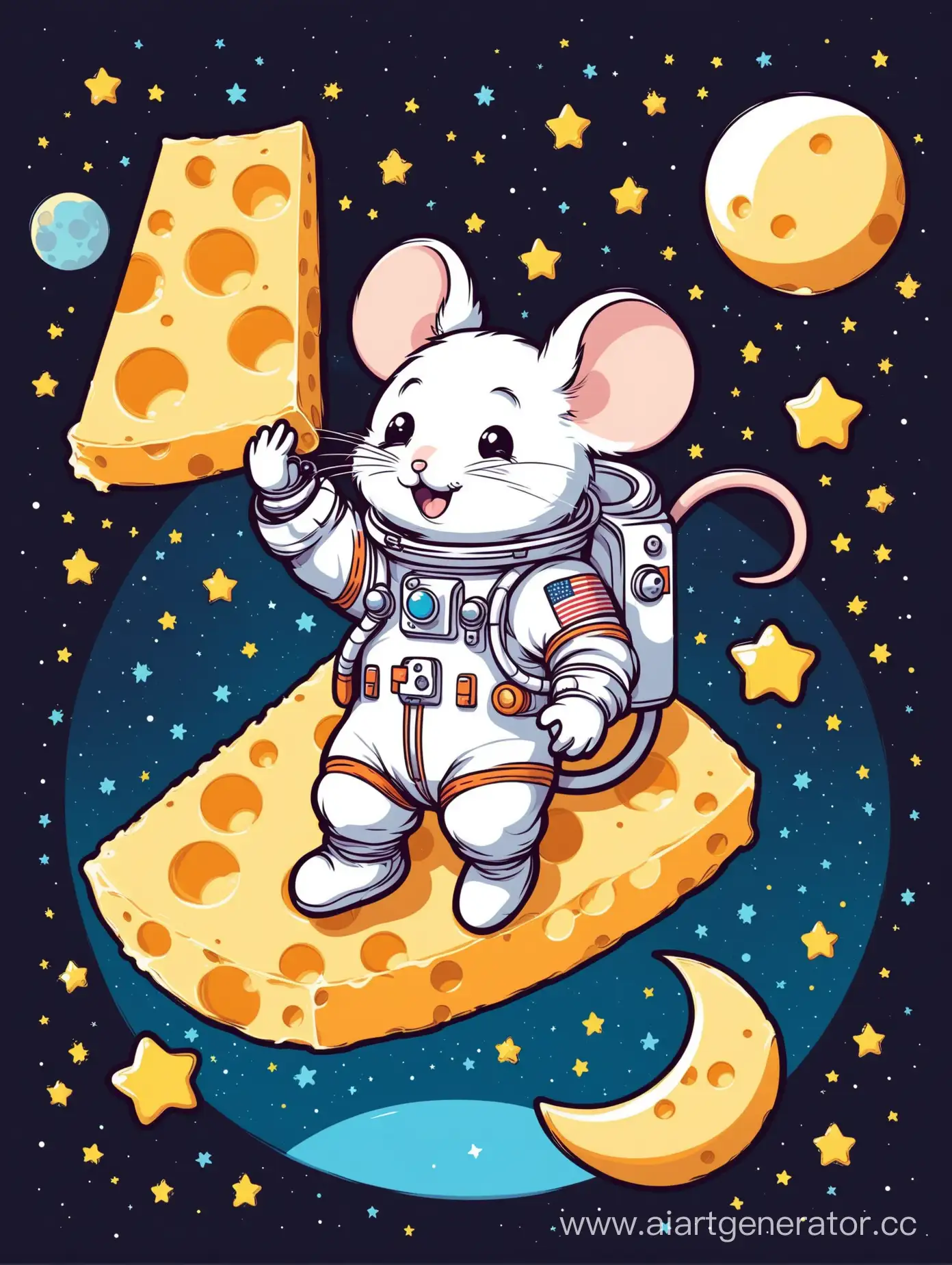 Mouse astronaut holds a moon that looks like a piece of cheese, vector art, cartoon style, pastel colors, great details, very high quality