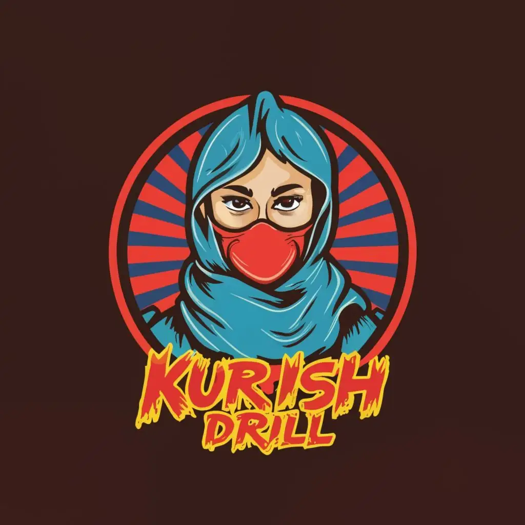logo, KURDISH female freedom fighter with face covered, with the text "KURDISH DRILL", typography, be used in Entertainment industry