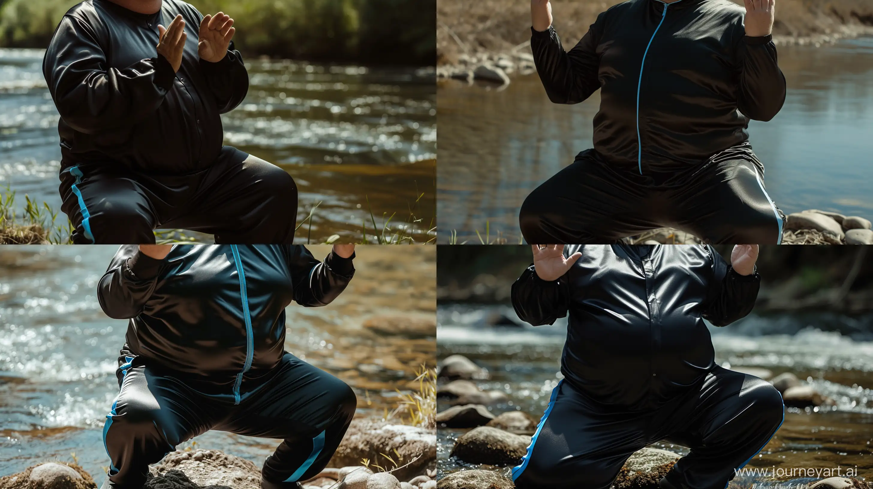 Front view close-up photo centered on the waist of a fat man aged 60 wearing a silk black tracksuit with a blue stripe on the pants kneeling with his hands up. Natural Light. River. --style raw --ar 16:9