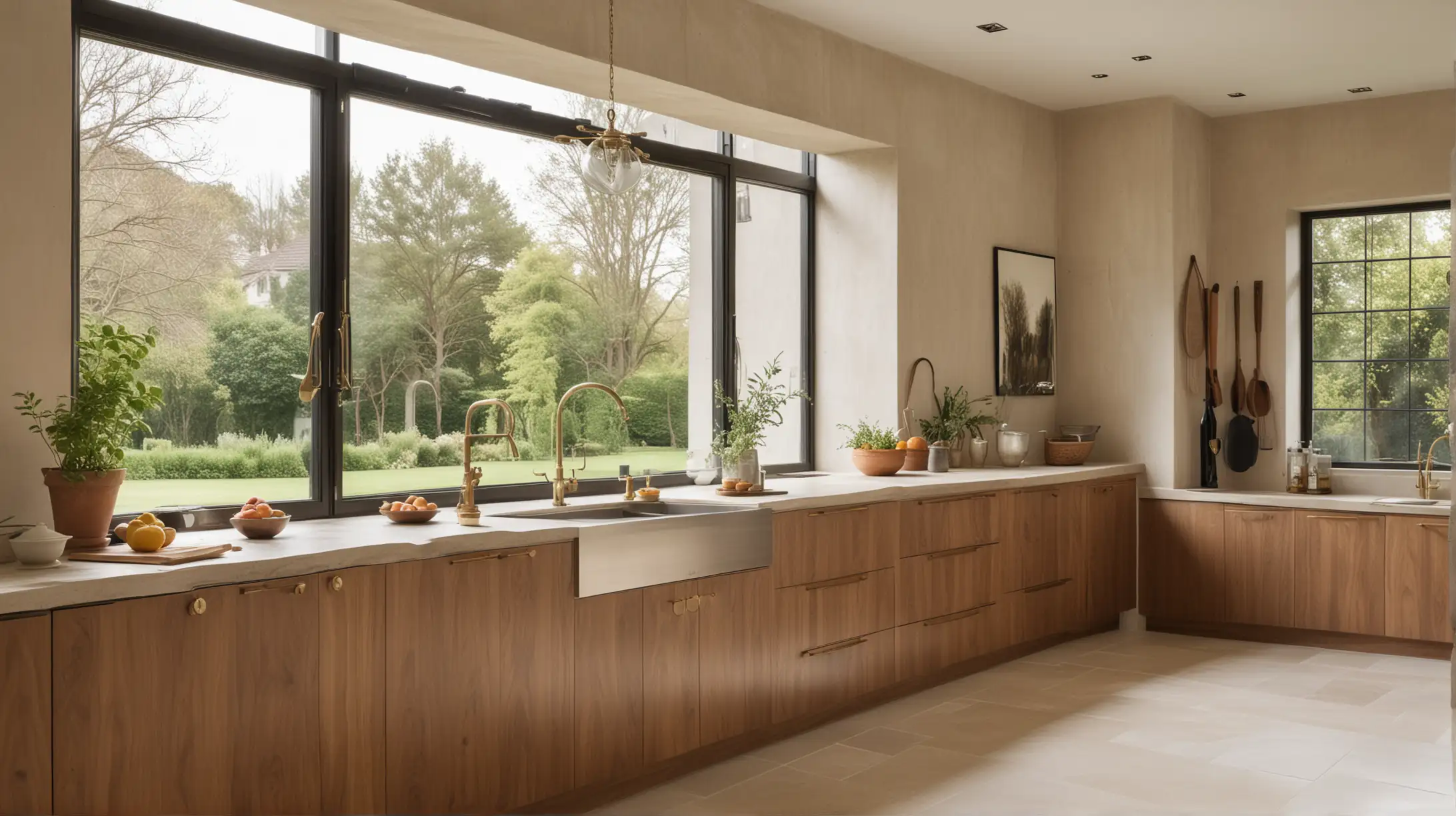 a large minimalist organic European afrmhouse inspired home kitchen; limestone floor, walnut wood cabinets, limewash painted walls, brass handles and picture railing; large window overlooking the garden; European inspired

