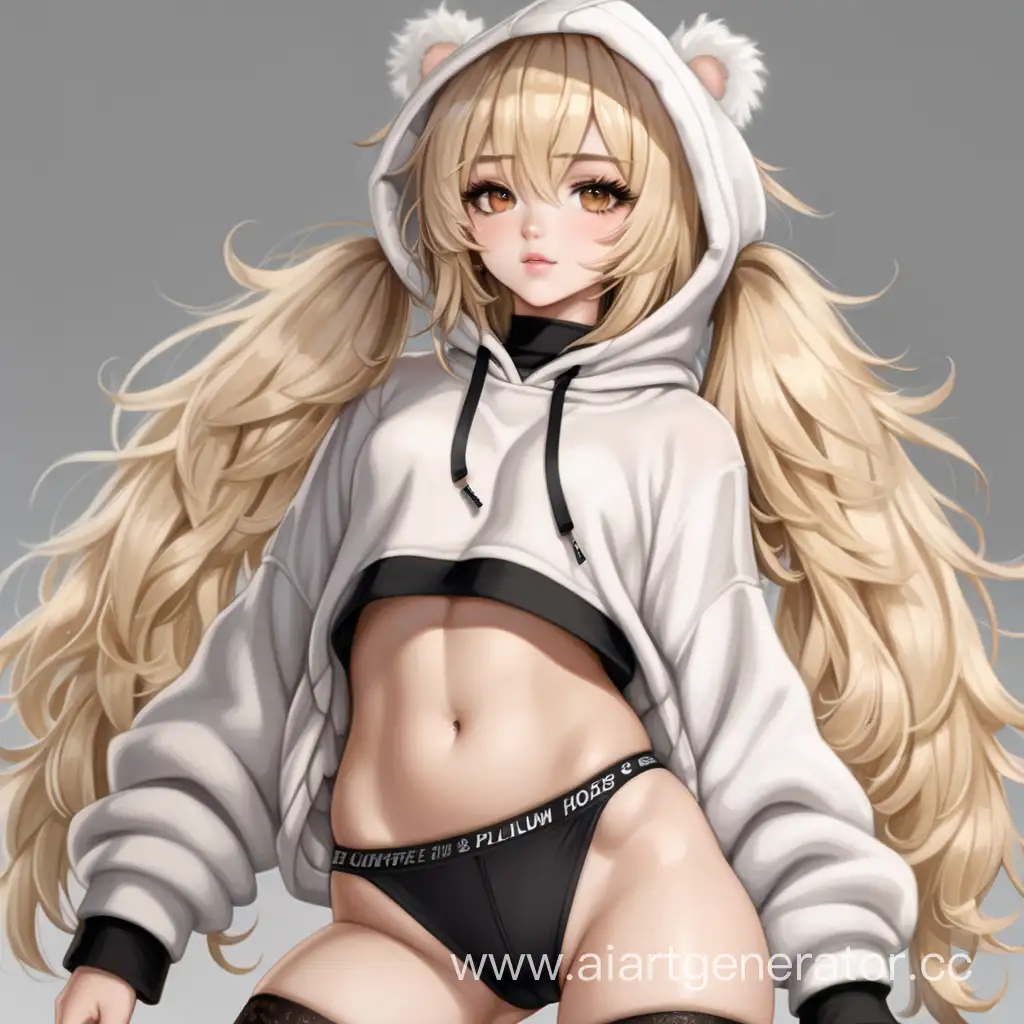 (masterpiece), (best quality), (expressive eyes), (Femboy), (petite), (slim waist), (slim feminine tummy), (wide hips), (plump thighs), (thick ass), (platilnum blonde shoulder length messy fluffy hair), (brown eyes), (pale skin), (cute feminine face), (black choker), (white hoodie), (black thong), (black thigh high socks)