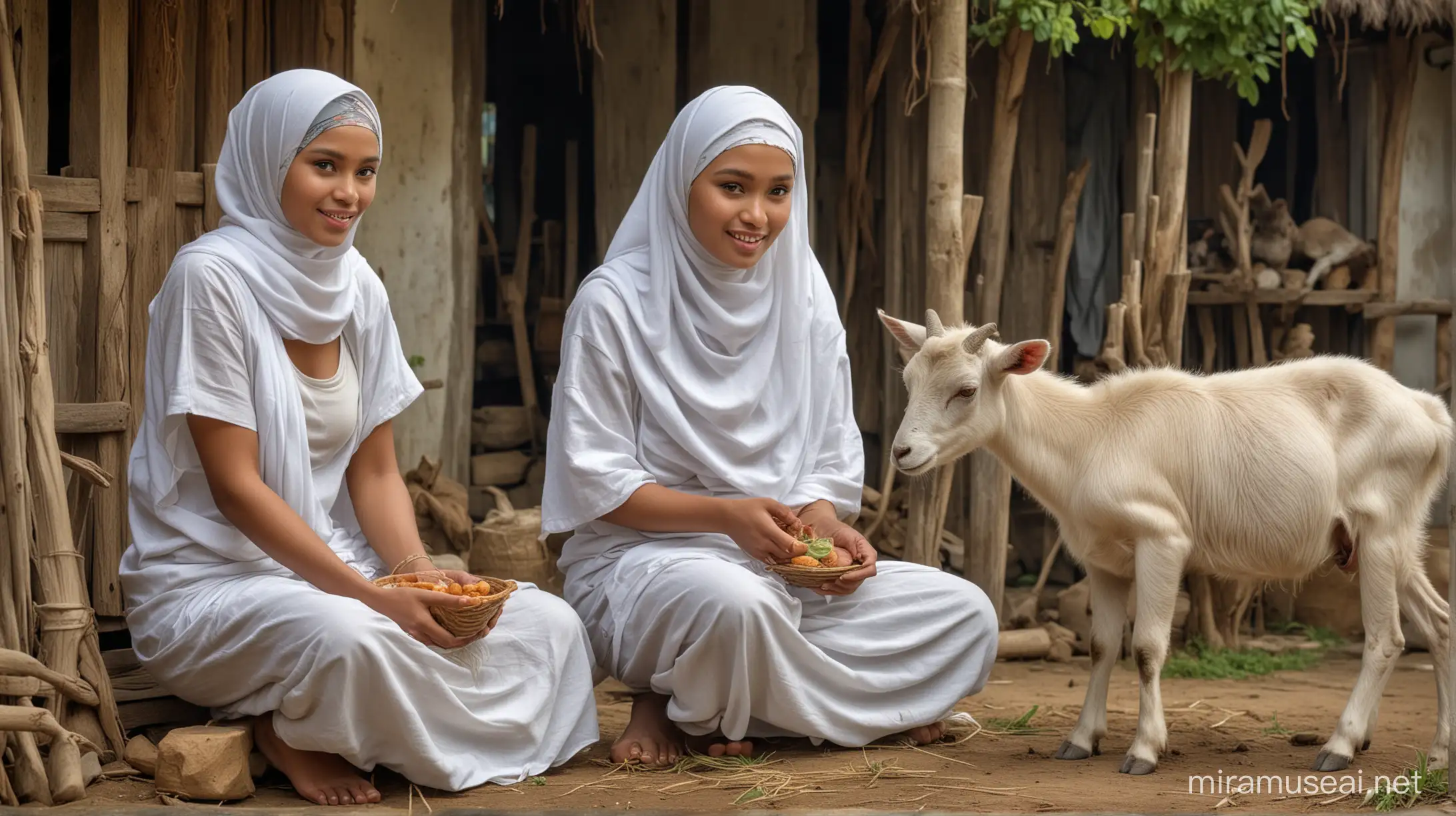 Masterpiece, above, very detailed, original photo, an Indonesian woman wearing a hijab is squatting and feeding goats and next to her is a bald Indonesian man wearing a white t-shirt and sarong, rural house atmosphere, 32K ultraHD resolution, HDR, 800mm lens, realistic, hyperrealistic, photography, professional photography, deep photography, ultra HD, very high quality, best quality, medium quality, HDR photo, focus photo, deep focus, ultra detailed, original photo, original photo, ultra sharp, nature photo, masterpiece, winner awards, shot with hasselblad x2d