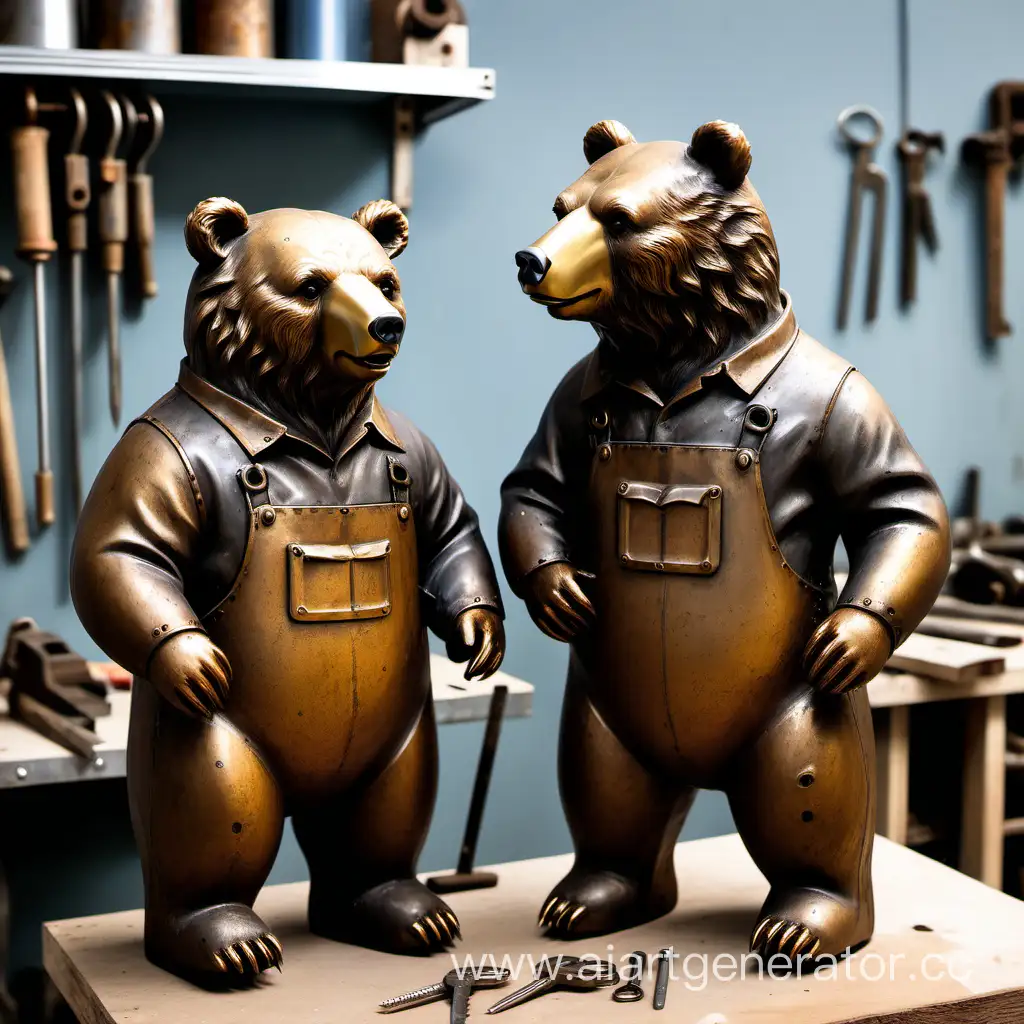 два медведя, мастерская, сварочные работы, слесарь, вид в мастерской, суровые медведи, реалистичные медведи
