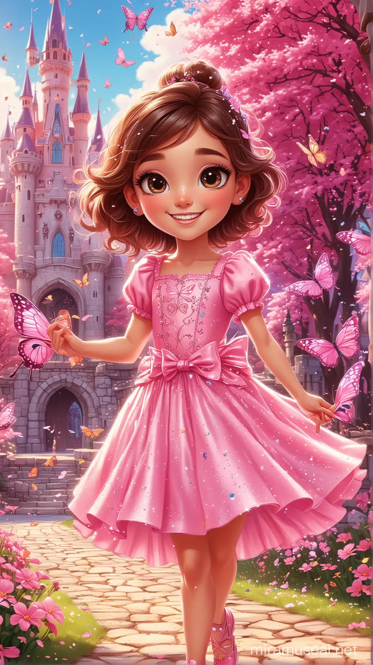 Smiling Girl Dancer in Pink with Glitter and Butterflies