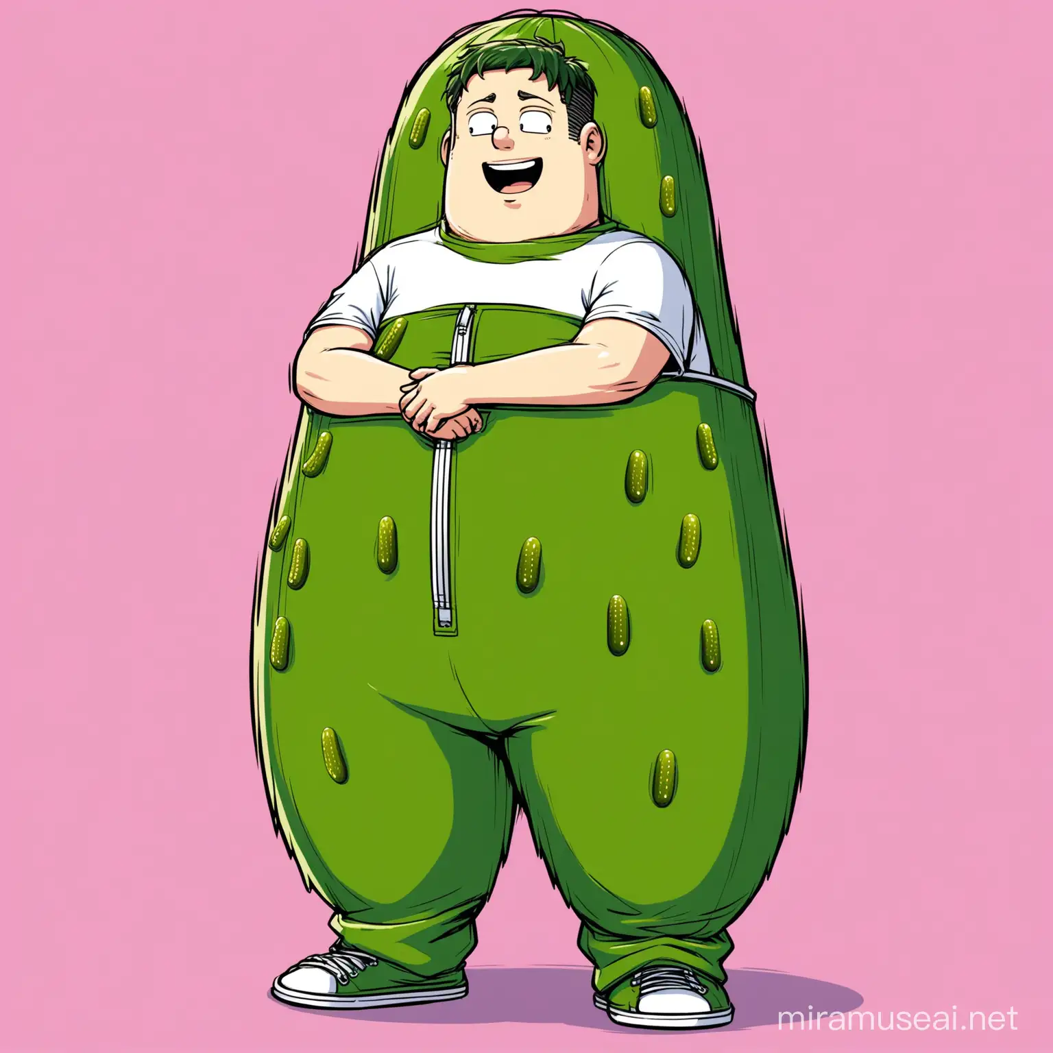 A human-sized pickle named Carl, he is wearing a tight t-shirt and parachute pants