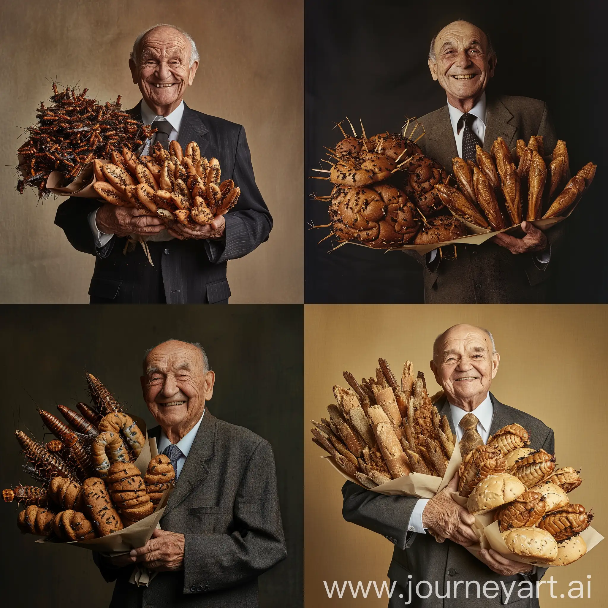 an elderly smiling man in a business suit holds a large bouquet of cricket bread and dung fly bread