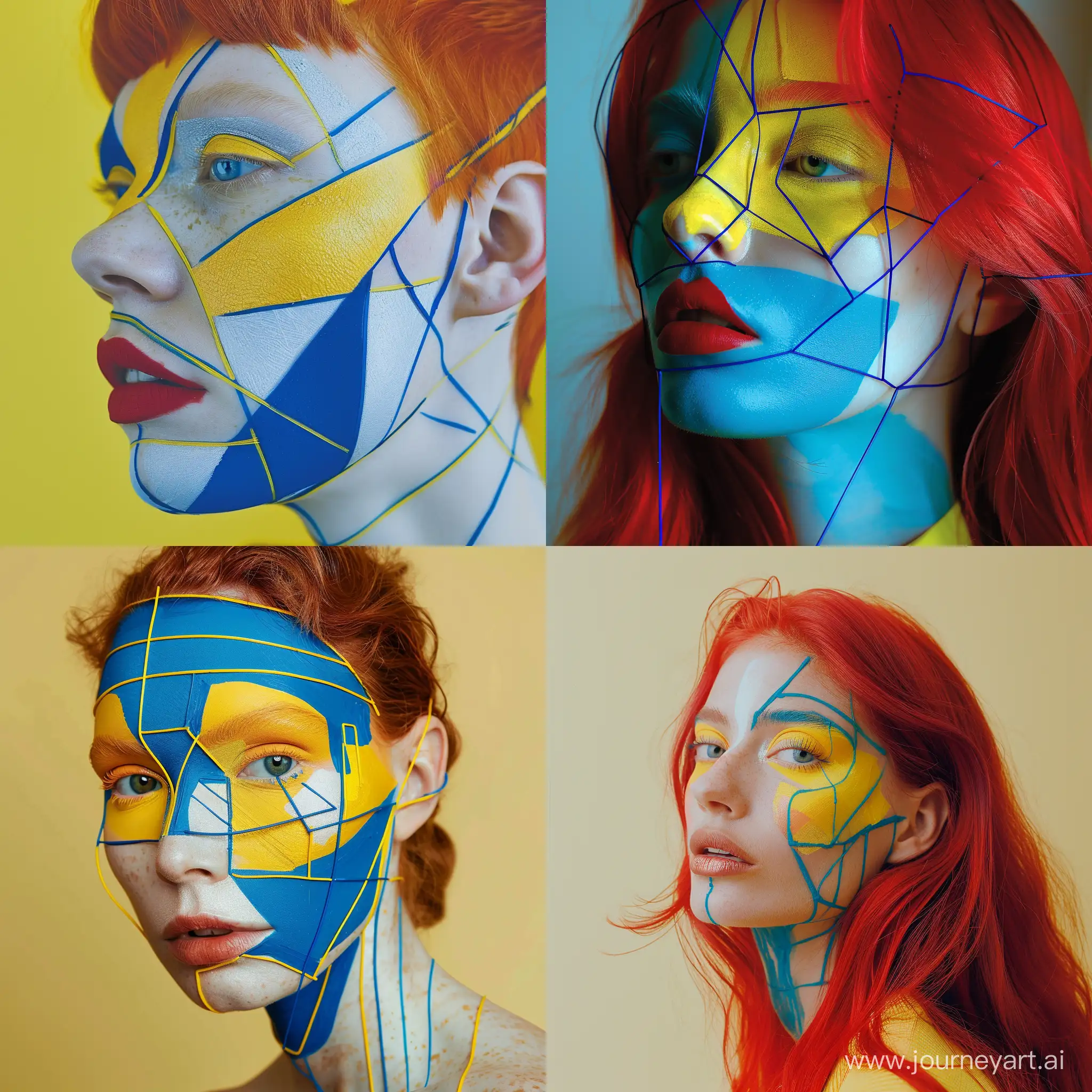 Fashion-Model-with-Geometric-Face-Makeup-in-Blue-and-Yellow-Palette