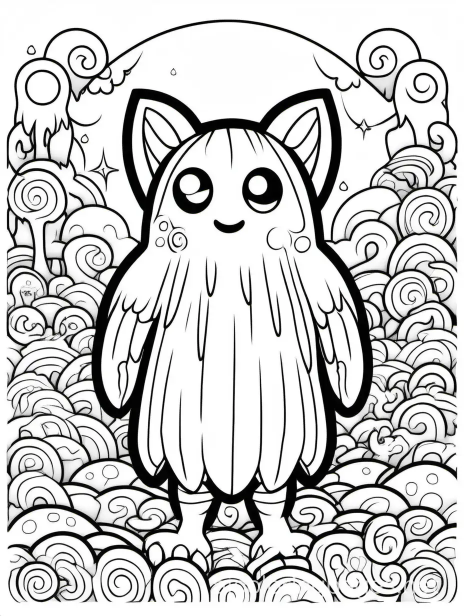 create a cute creepy kawaii creature, black and white line art, coloring book page,, Coloring Page, black and white, line art, white background, Simplicity, Ample White Space. The background of the coloring page is plain white to make it easy for young children to color within the lines. The outlines of all the subjects are easy to distinguish, making it simple for kids to color without too much difficulty