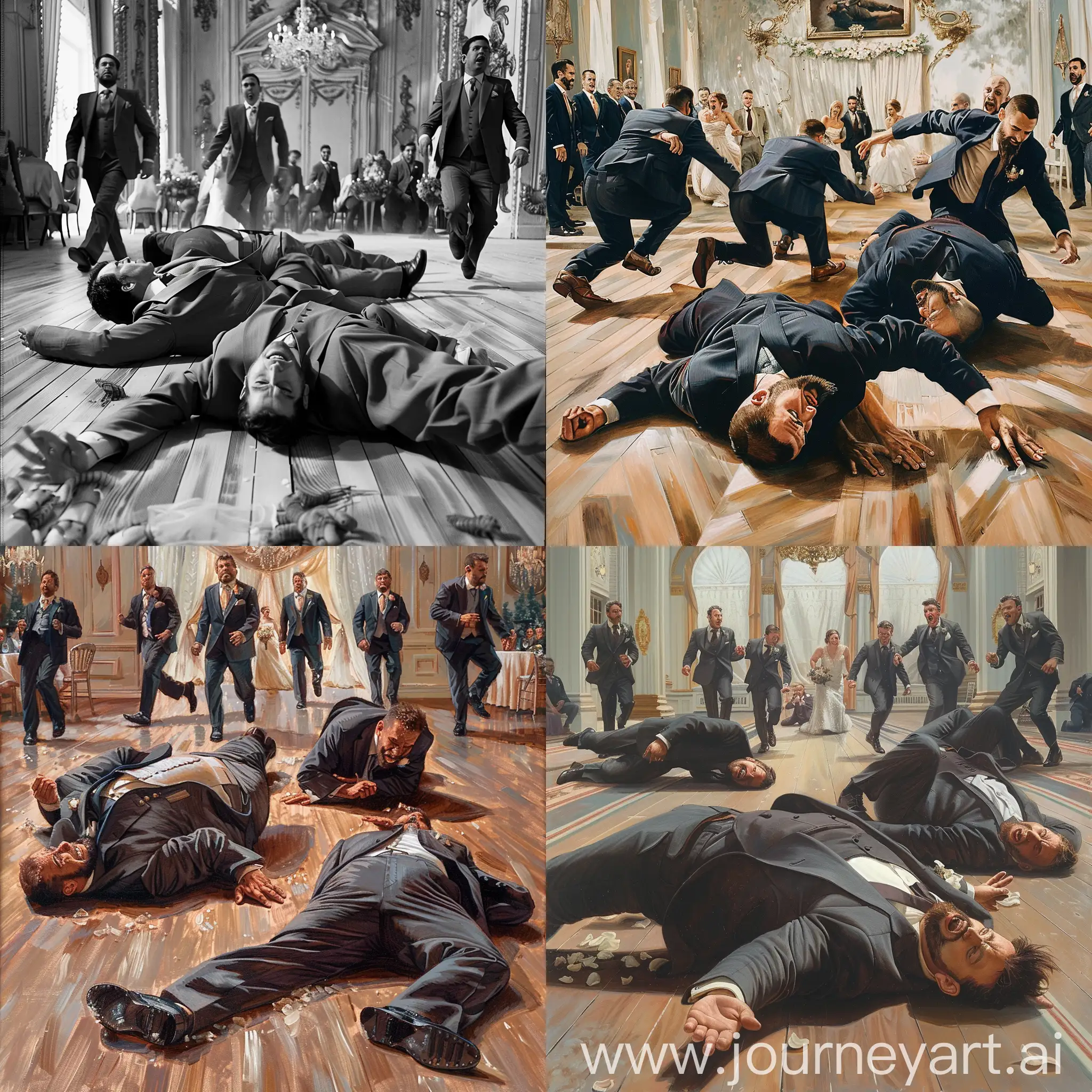 Five good looking italian men wearing suits lying on the floor, handsome burly men on suits squimming on the floor, men crawling and writhing on the floor, suited men running in the background, wedding ceremony background, fancy wedding party background