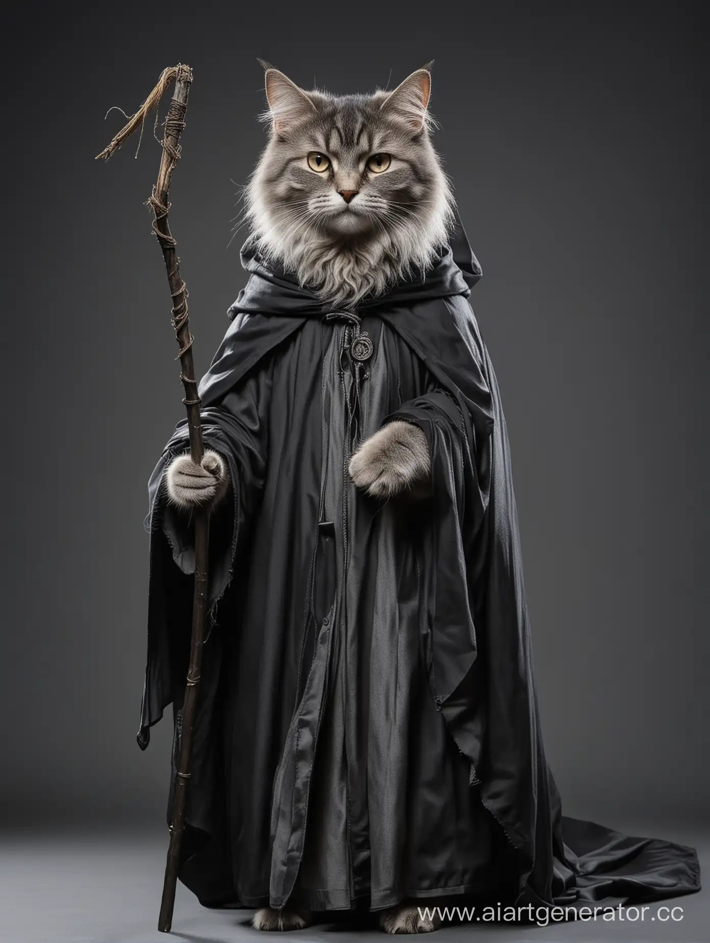 Молодой кошко-люд волшебник рост 150см вес 50кг шерсть серо-черного цвета, держит в руке длинную палку и одет в мантию мага