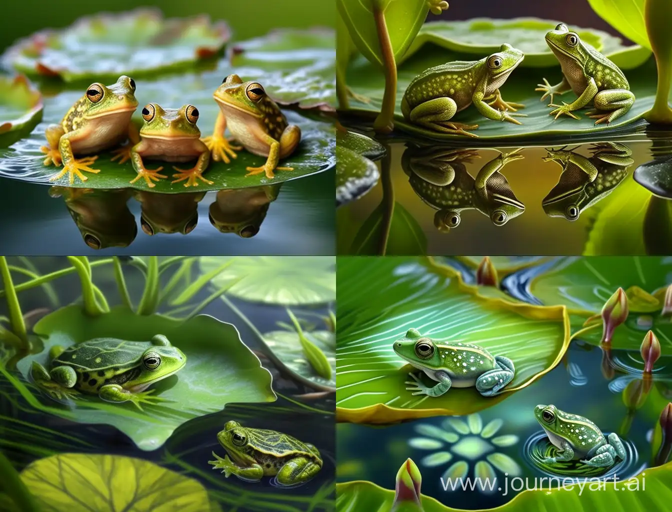 Маленькие красивенькие веселые зеленые лягушата танцует на листе кувшинки в сказочном  пруду