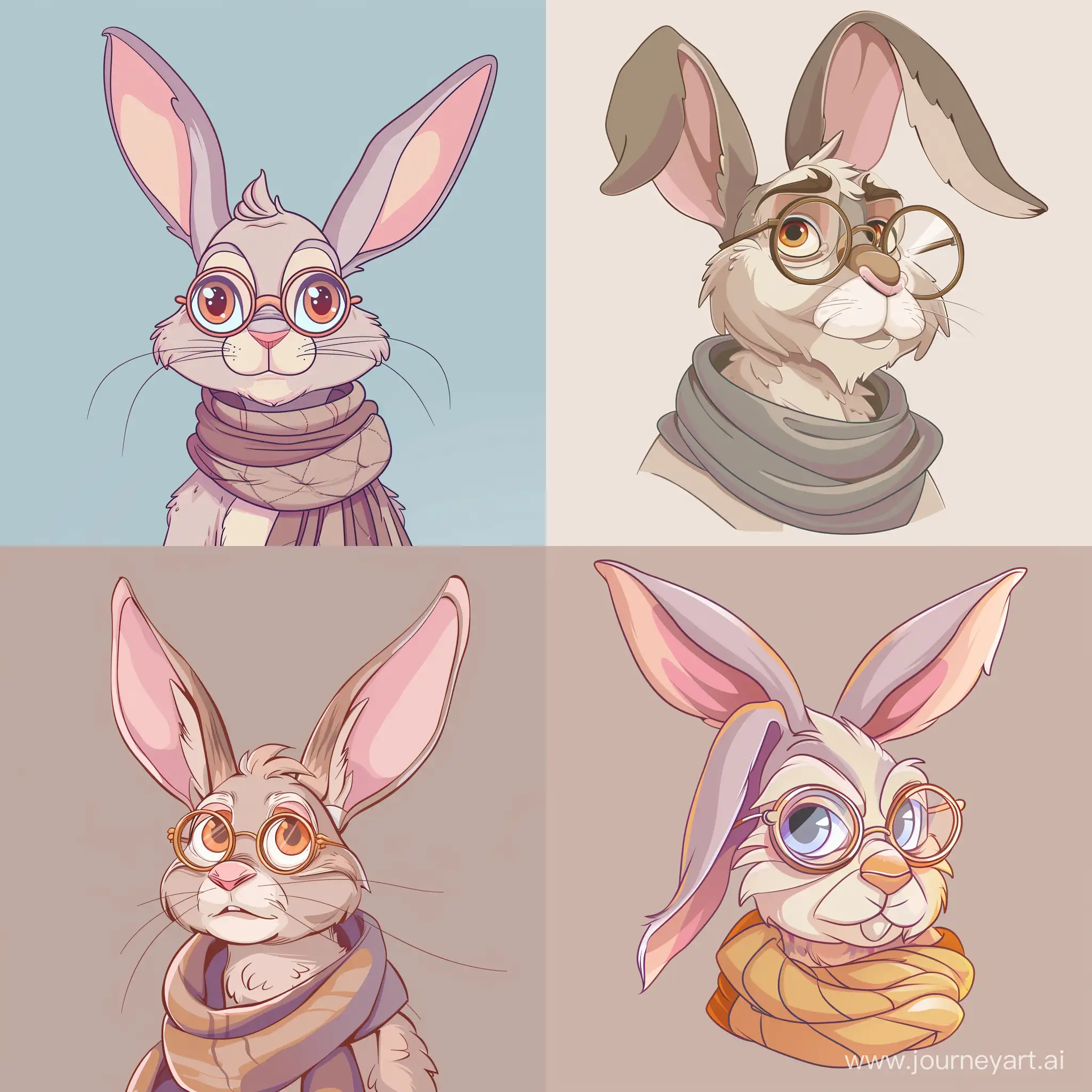 cartoon illustration of An elderly rabbit with wise, gentle eyes and long, floppy ears. The rabbit has a slender build and sports a pair of round spectacles. A cozy scarf is wrapped around its neck, and the inner side of its ears is tinged with pink, in flat style