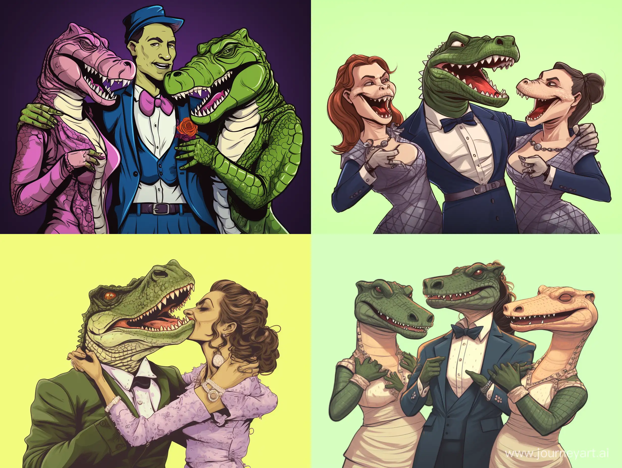 Elegant-Crocodile-with-Stylish-Women-Embracing-in-Glamorous-Attire