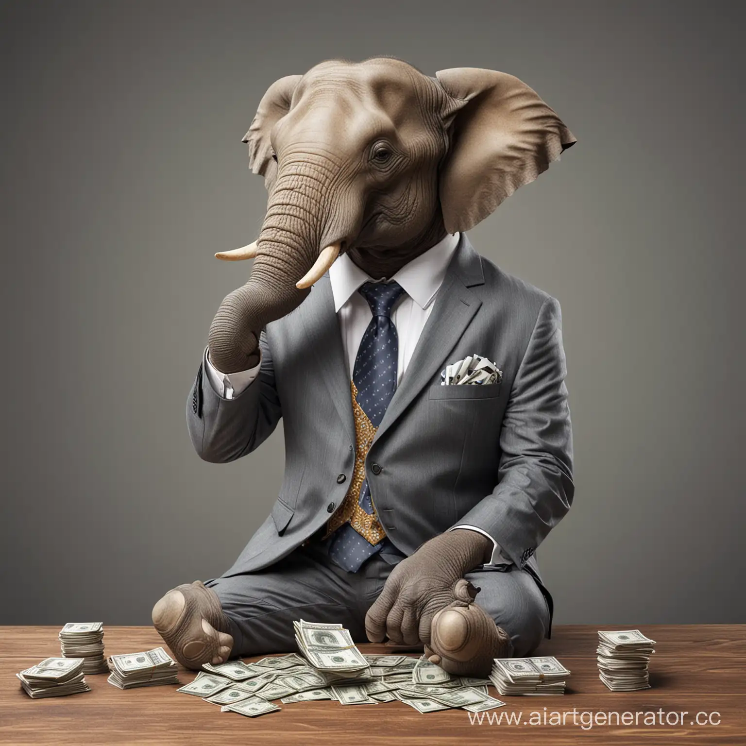 Слон в деловом костюме, который сидит с деньгами и делает ставки на спорт