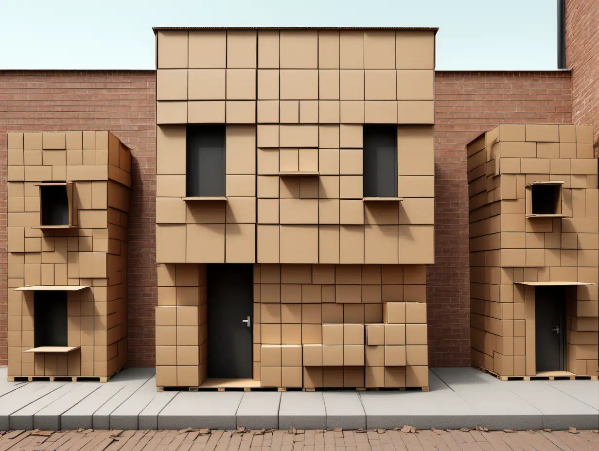 Een illustratie in klarelijn stijl: Een façade van een huis, samengesteld uit kartonnen dozen, ernaast een façade, samengesteld uit bakstenen.