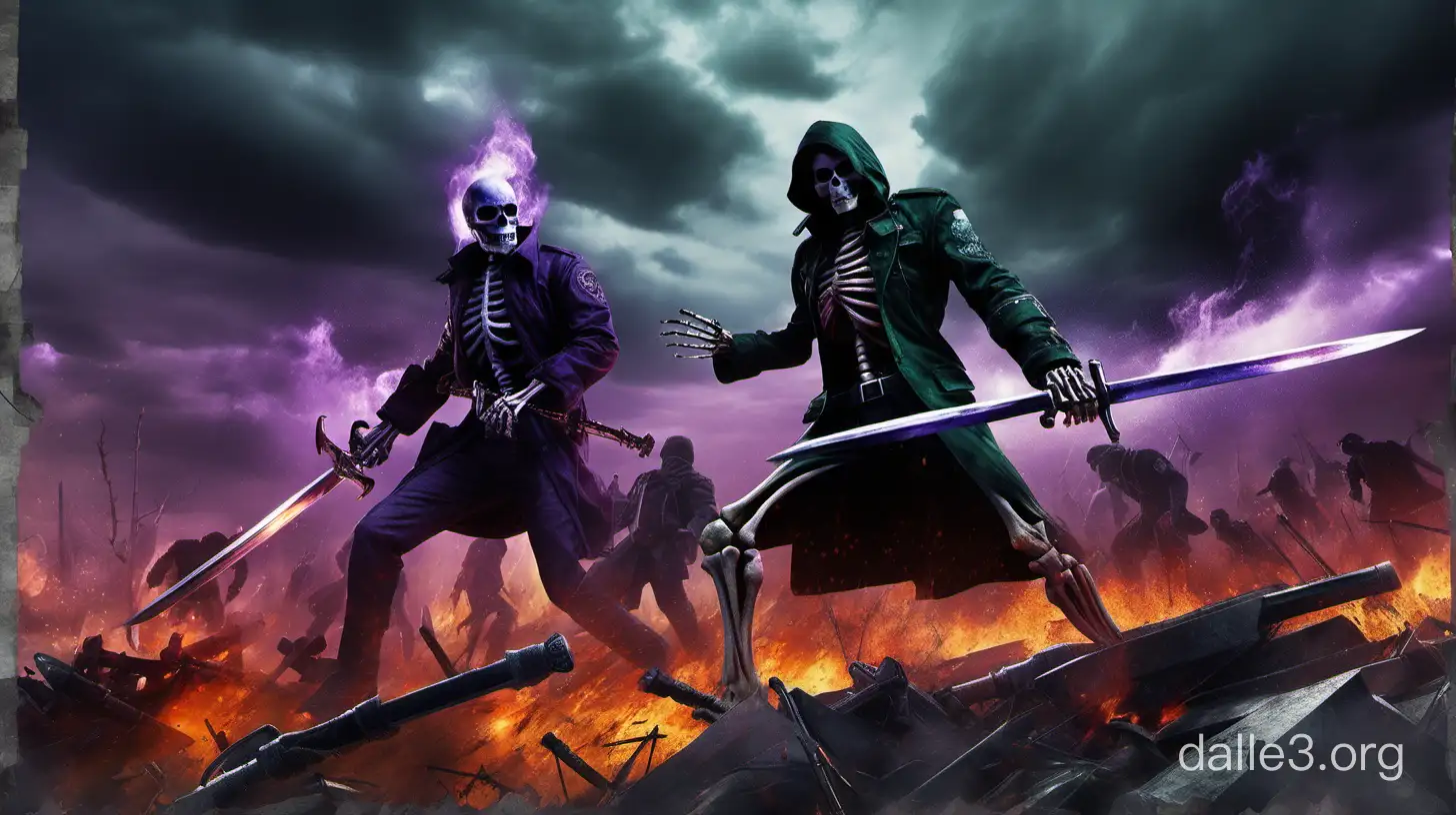 поле боя, сверху темные тучи, сражаются два человека, первый выглядит как скелет с зеленным огненным черепом, а второй стоит выглядит как мужчина в черном жакете и с огненным фиолетовым мечом в руке