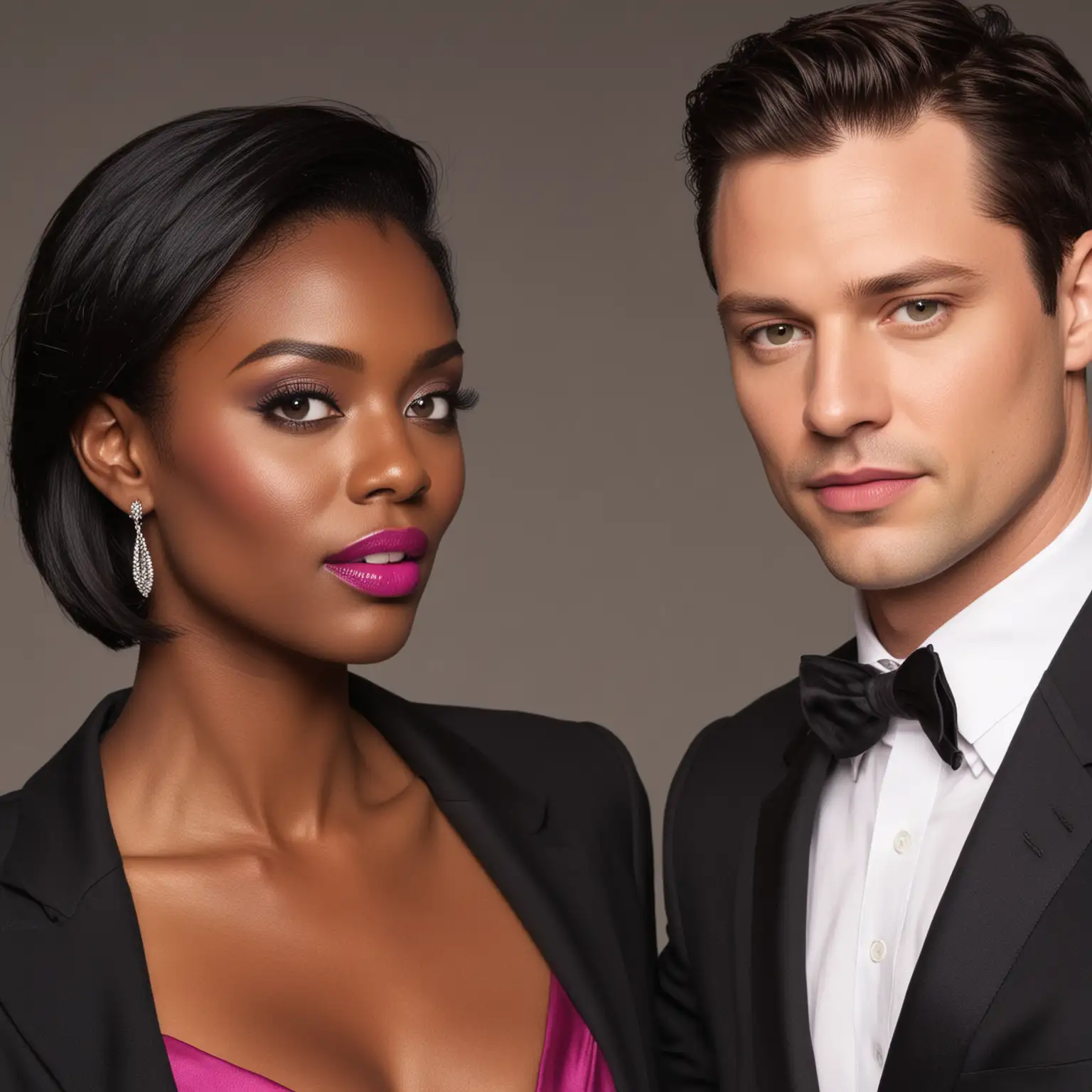 Gorgeous white male model in his early forties. He has dark short hair. He is wearing a suit . He is facing a beautiful black woman model and she is facing him. She is wearing a fuchsia dress with matching lipstick. She has long black hair. 