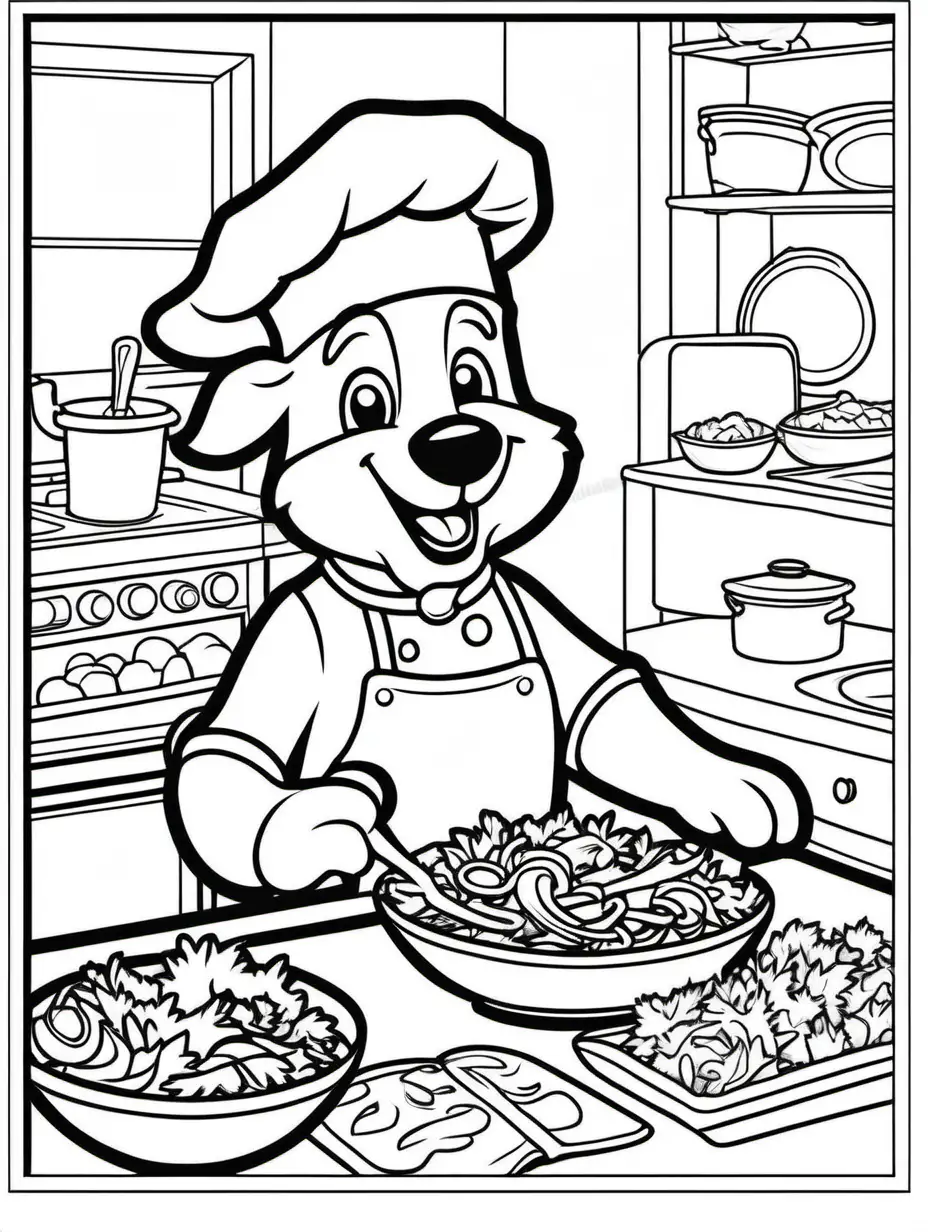 Dog Chef Creating Simple Salad in Coloring Book for Kids