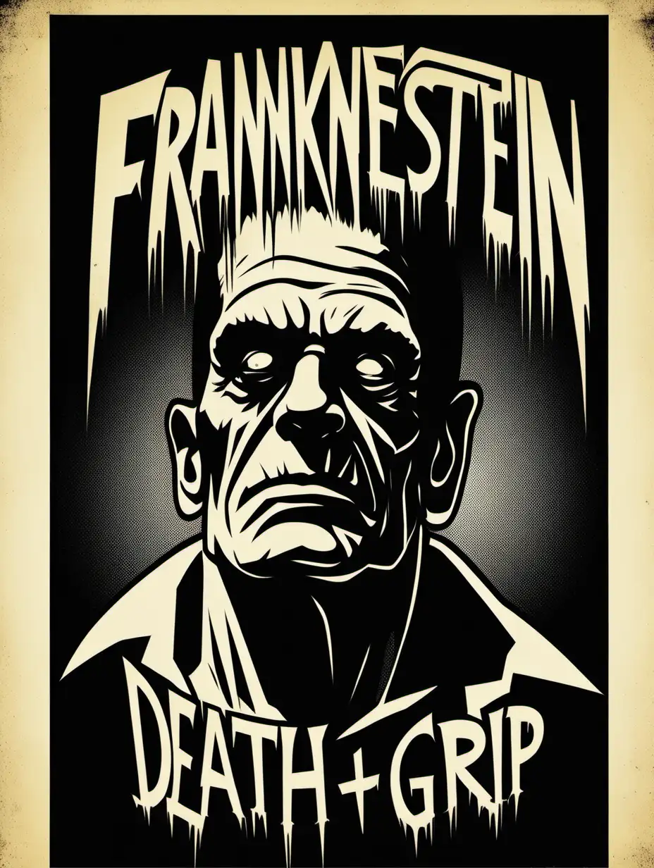 1970s Frankenstein monster movie poster 'Death Grip', in the style of Jim Phillips, black and white, stencil, minimalist, simplicity, vector art, negative space, isolated on black background --v 5.2