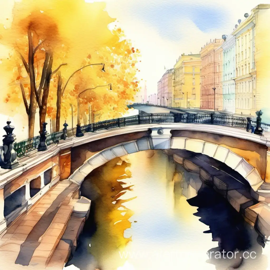 Autumn-Watercolor-Painting-of-Saint-Petersburg-Bridge-with-Yellow-Leaves