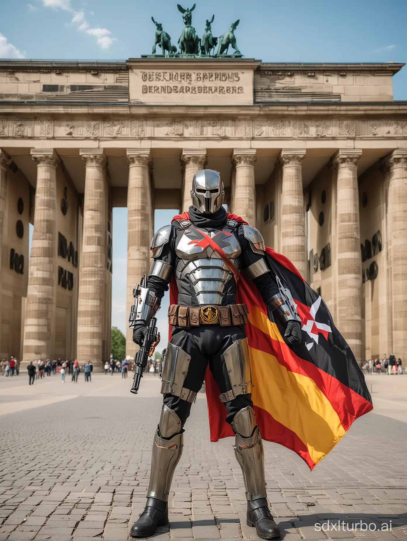 create a german superhero with armoured costume in german colours and he’s holding a weapon. The superhero should be wearing cape made up of german flag. and he’s standing near Brandenburg Gate