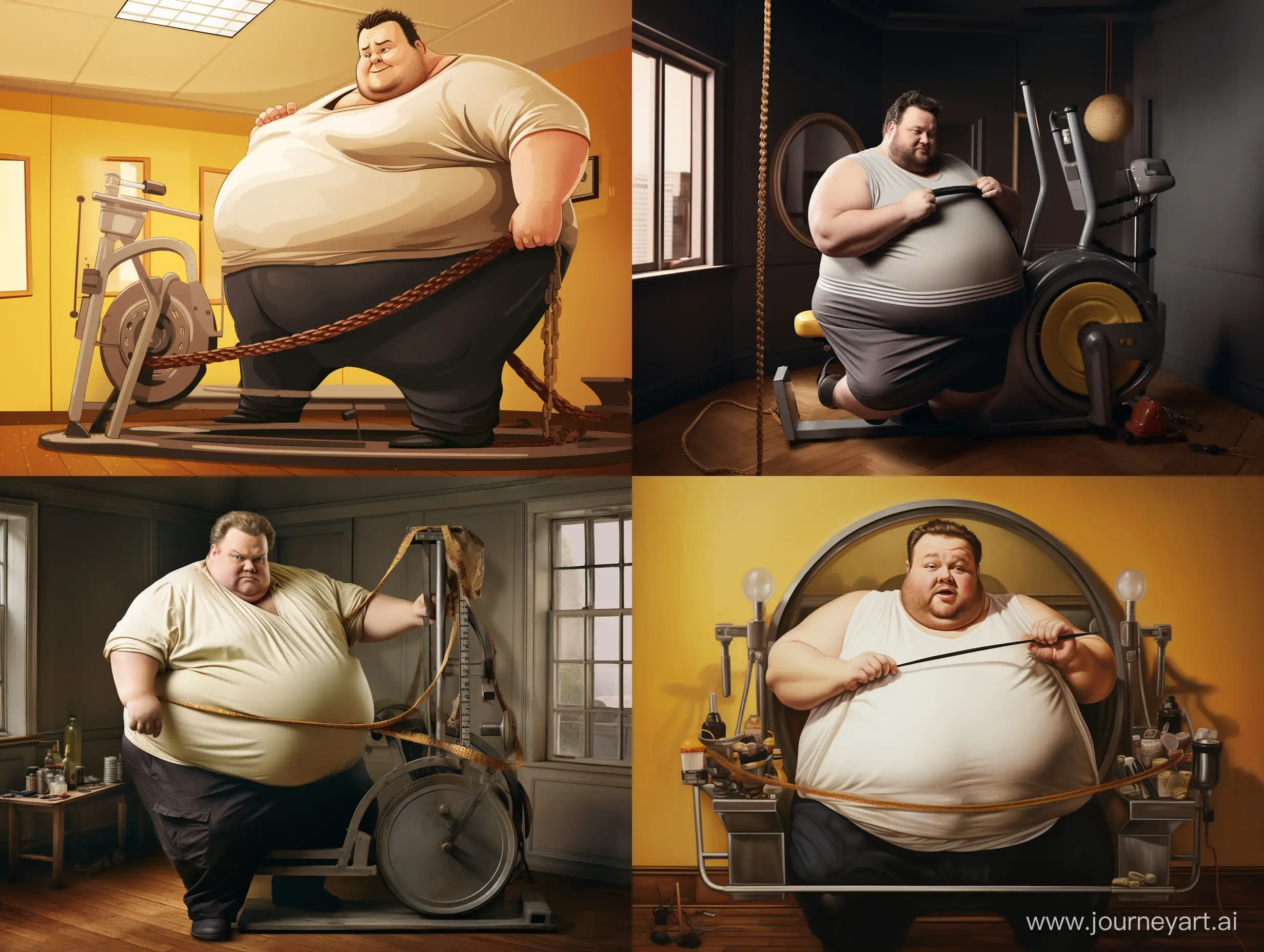 make a fat man checking his stomach with measuring tape while standing on a weight machine in portrait