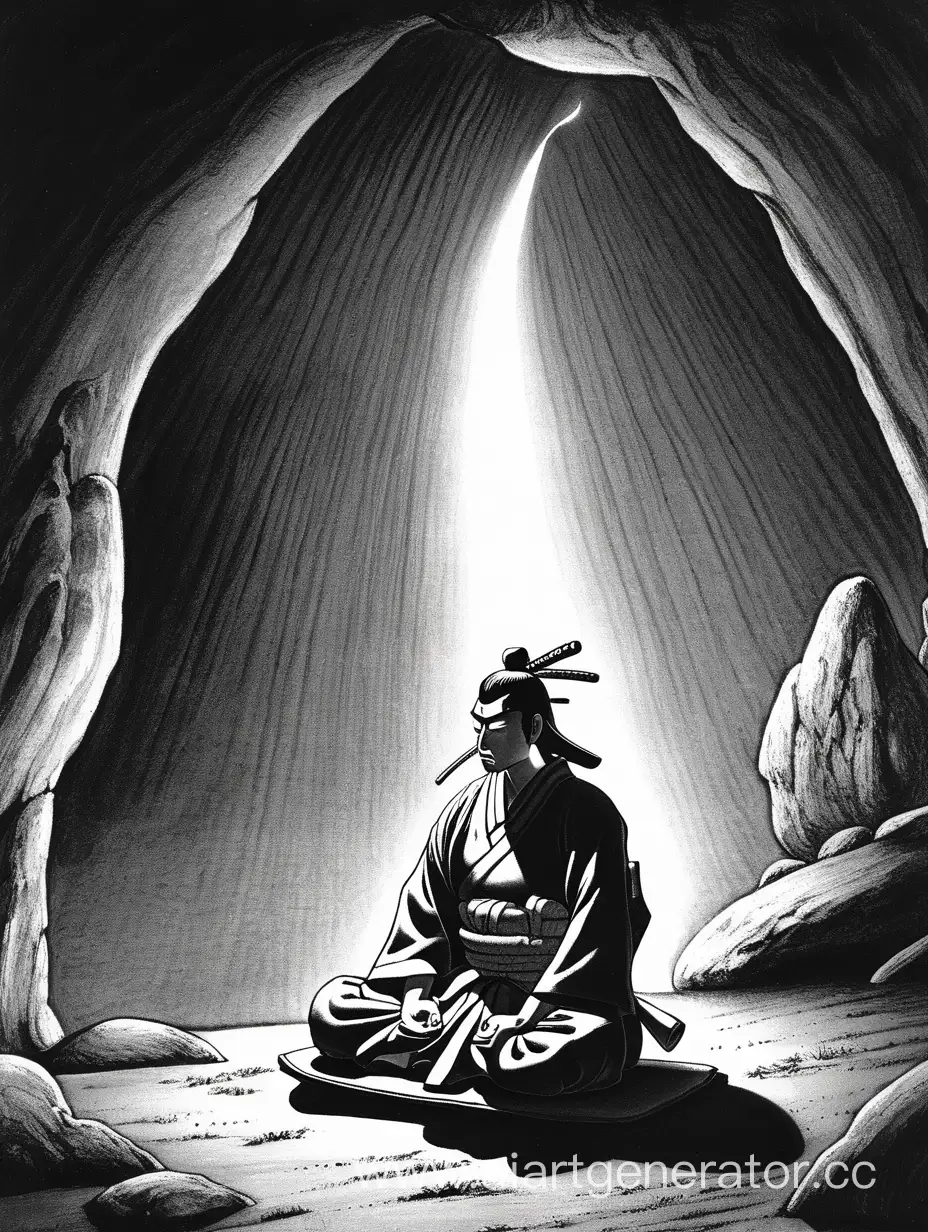 Самурай медитирует в пещере лунной ночью