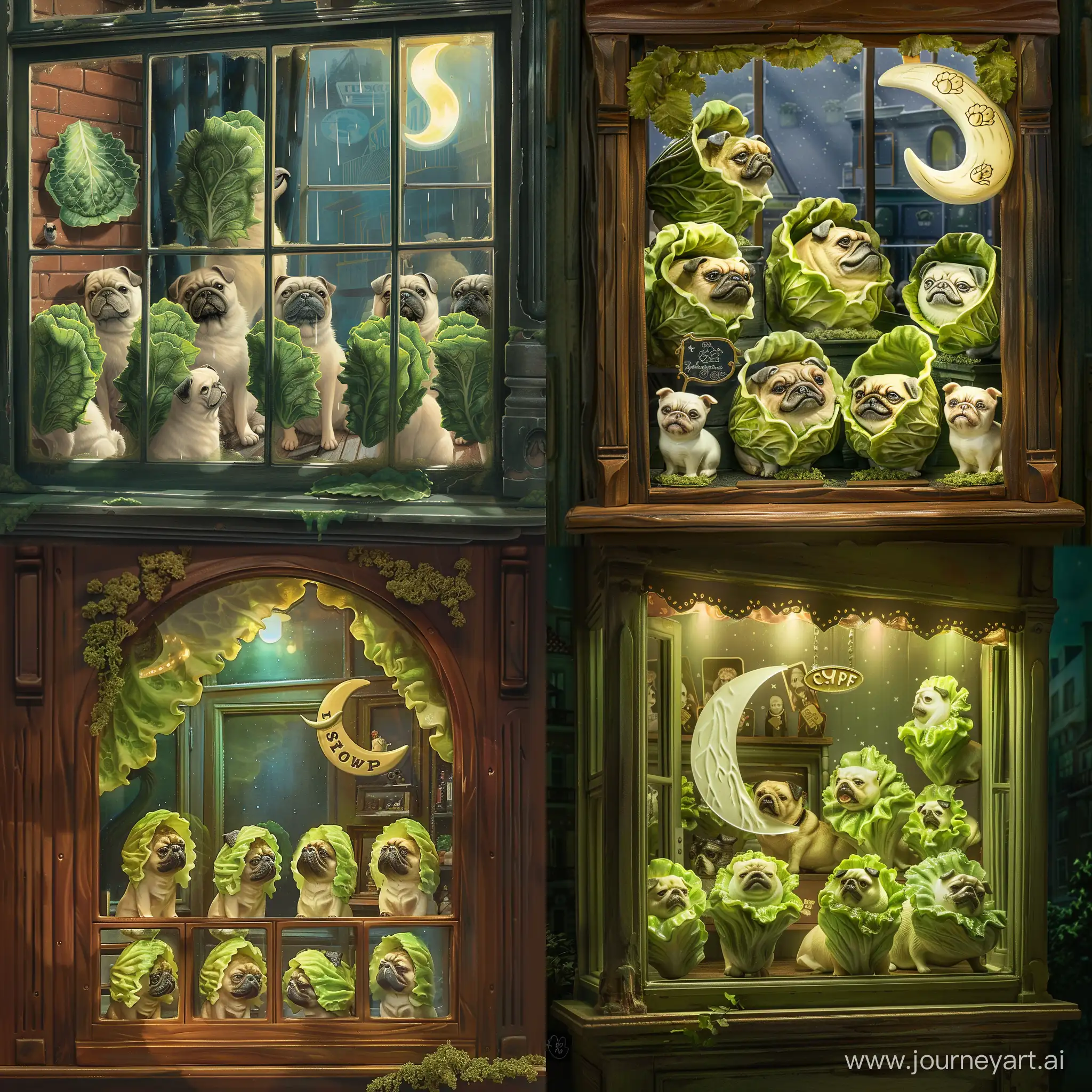 dog looking into store window, window display of seven porcelain dog statues, dog figurines, grumpy lettuce pug dogs, crescent moon, illustration, semi-realistic, store has sign shaped like lettuce, dog store