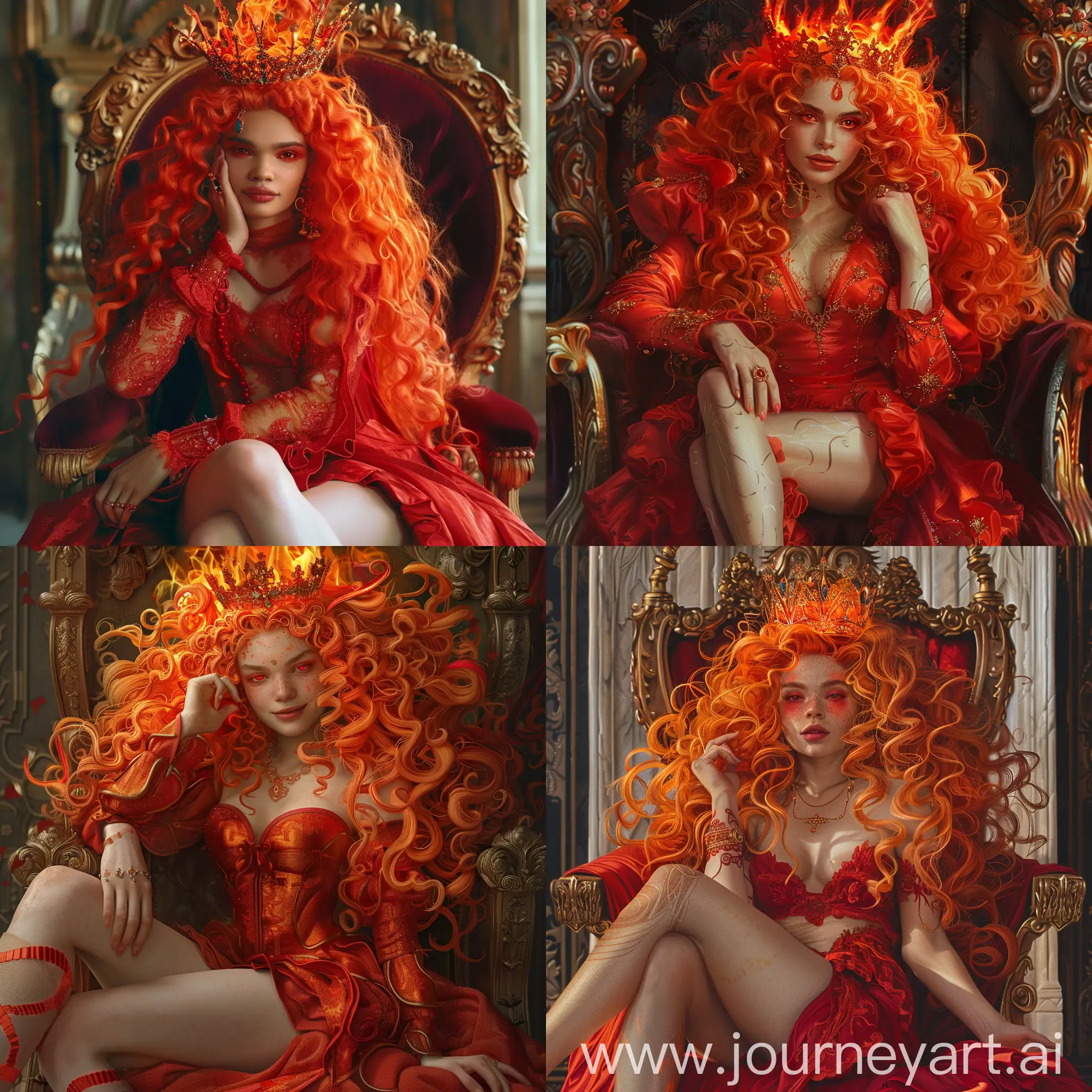 goddess of fire with long curly bright red hair gradually turning into bright orange, red eyes, tanned skin, beautiful red royal dress in the style of the 19th century. on his head there is a fiery crown, curvaceous, sitting on the royal throne with his legs crossed and his cheek resting on his hand