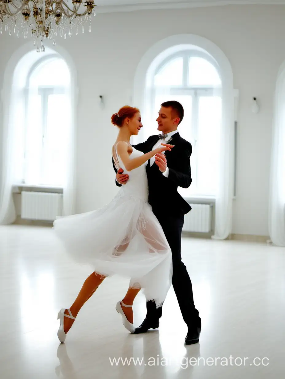 танцующая свадебная пара в белом зале