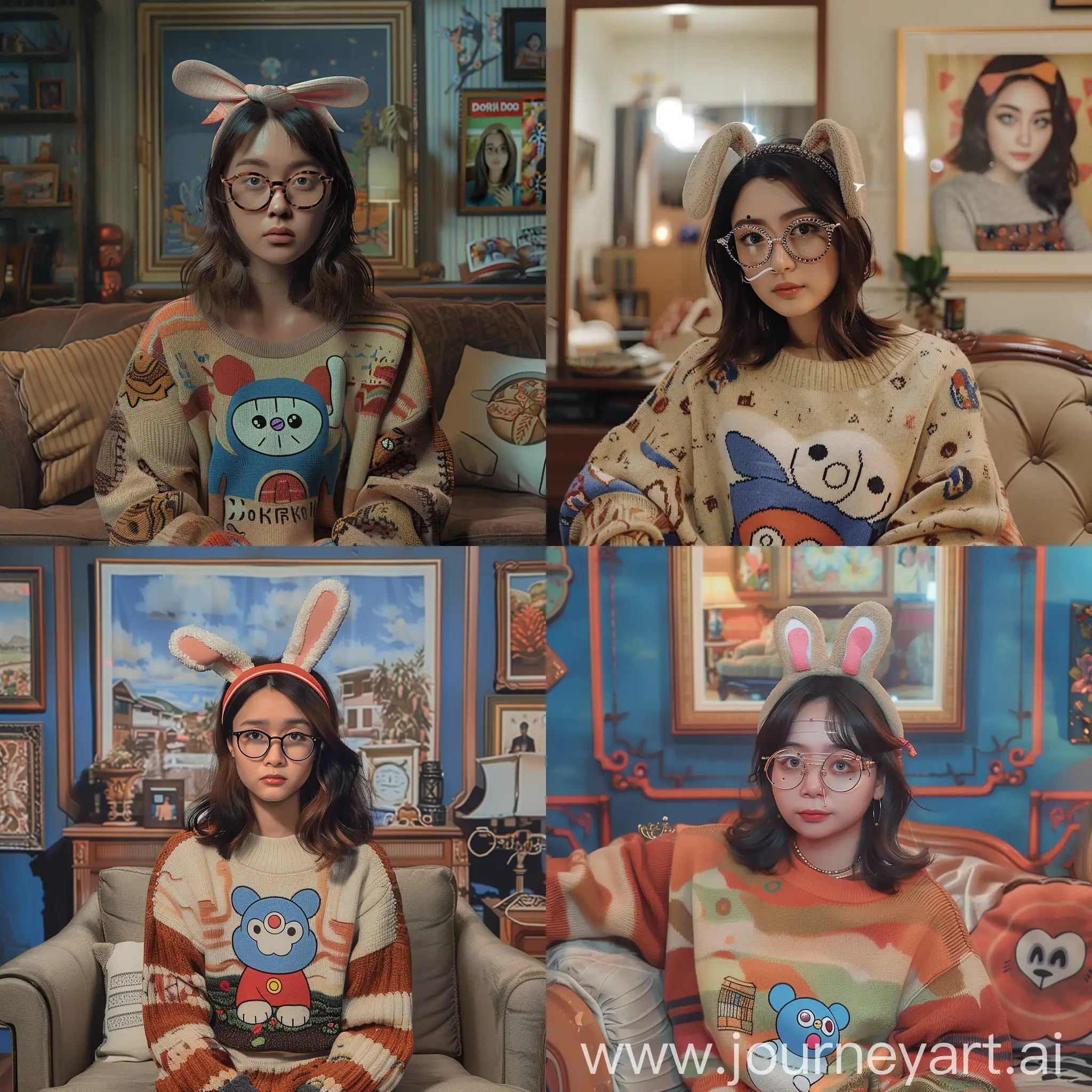 Indonesian-Woman-with-Bunny-Headband-and-Doraemon-Sweater-Sitting-in-Living-Room