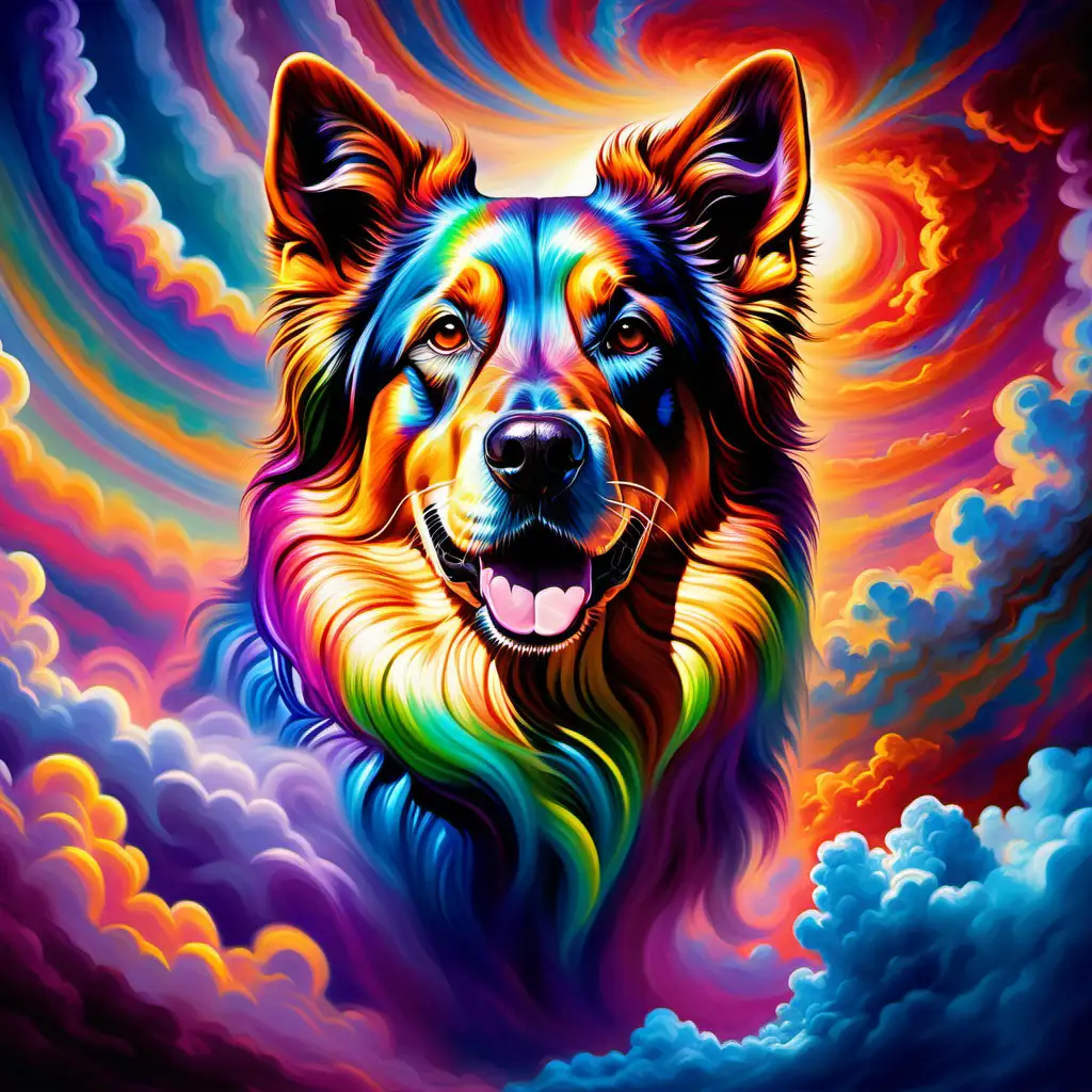 Majestic MultiHued Dog Head Amidst Kaleidoscopic Sky