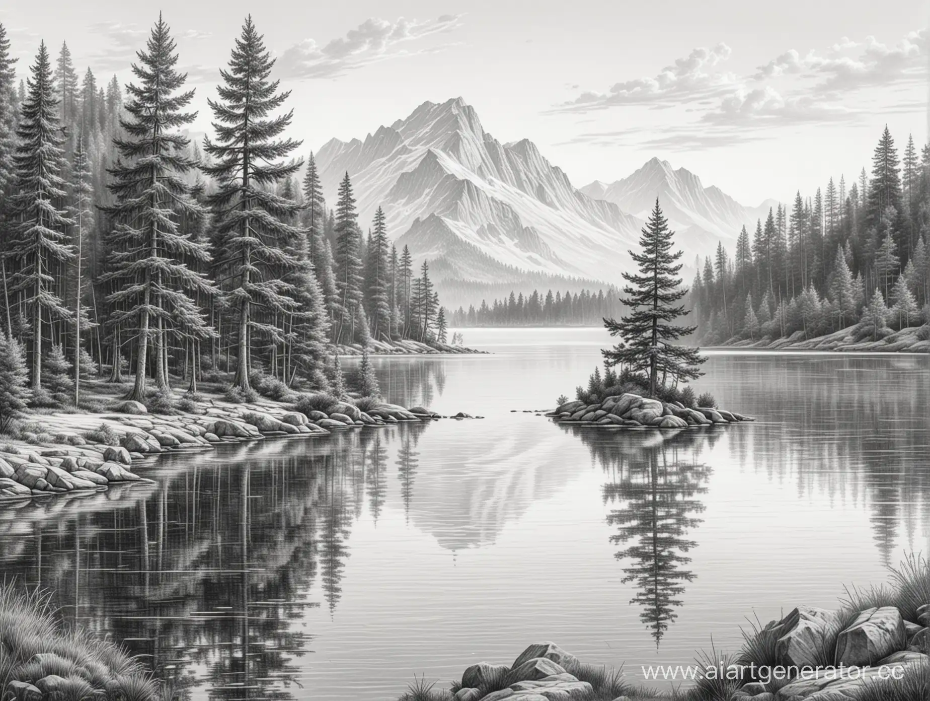 реалистичный максимально детализированный рисунок, на белом фоне, в стиле карандашной графики, на первом плане  максимально детализированная ель, за ней озеро, вдали остров с деревьями