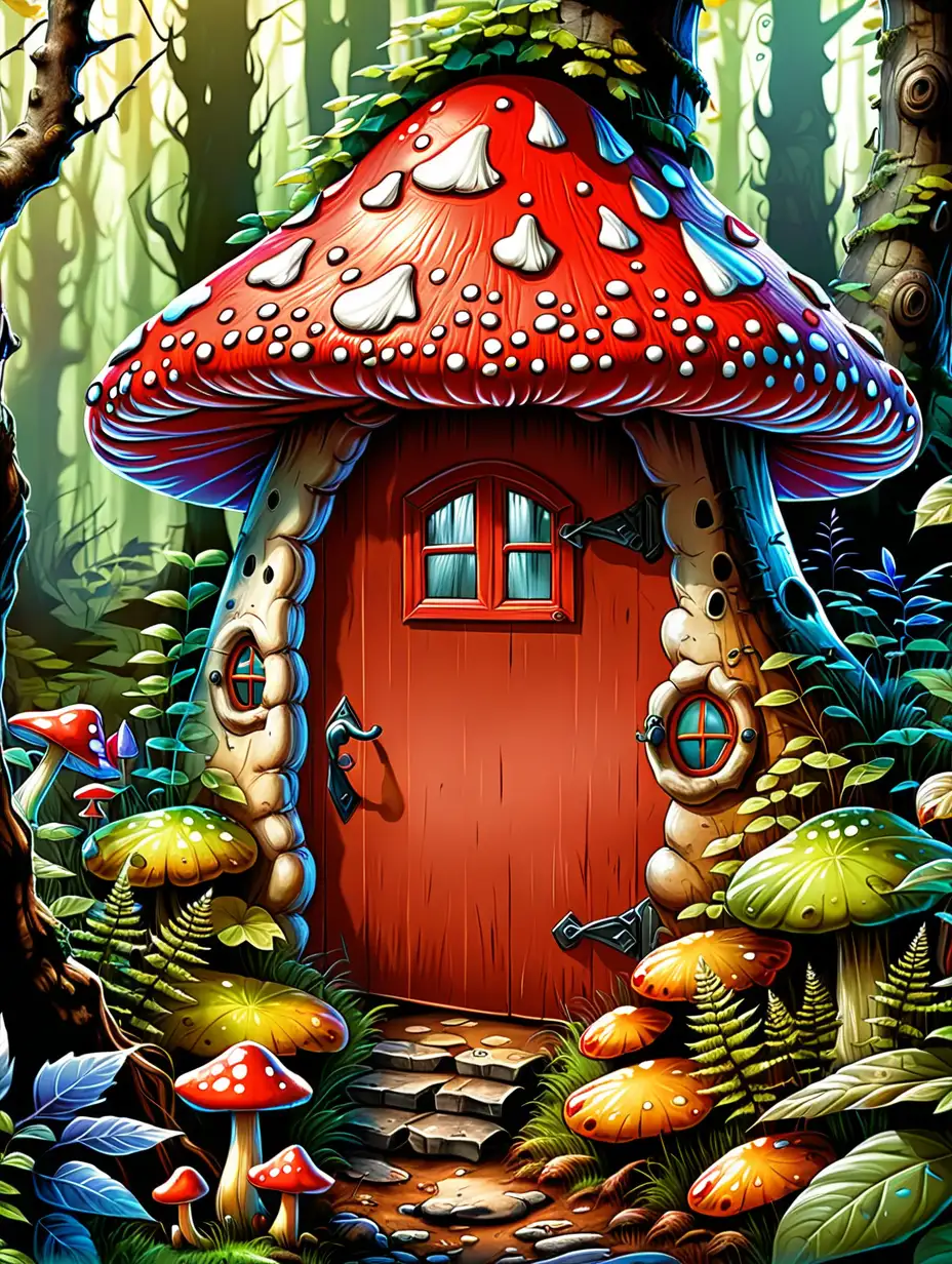 A big red toadstool in the forest with a window and a door for a forest elf, a colorful illustration for children