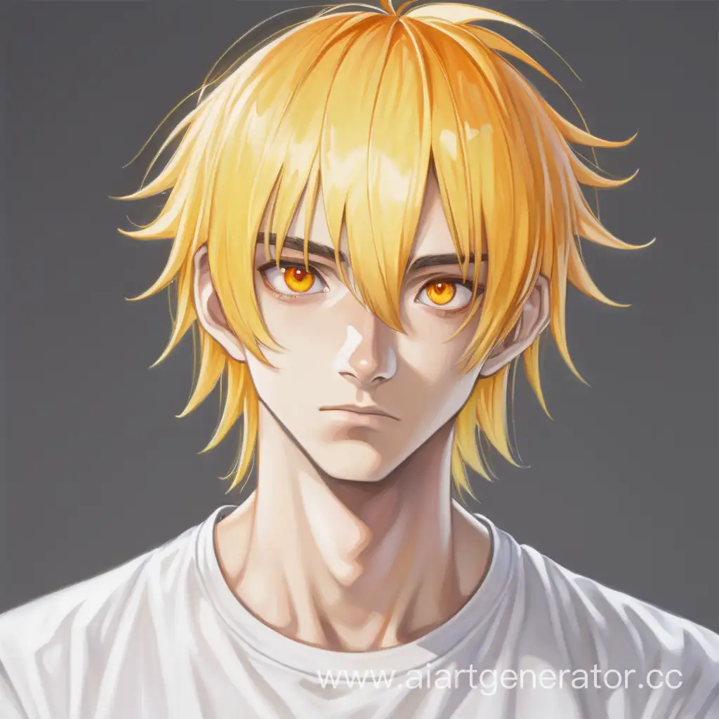 парень лет 20, желтые волосы, глаза оранжевого цвета, в белой рубашке