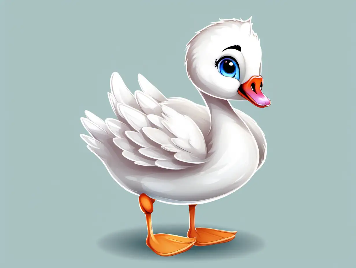 Cheerful Cartoon Baby Swan on White Background