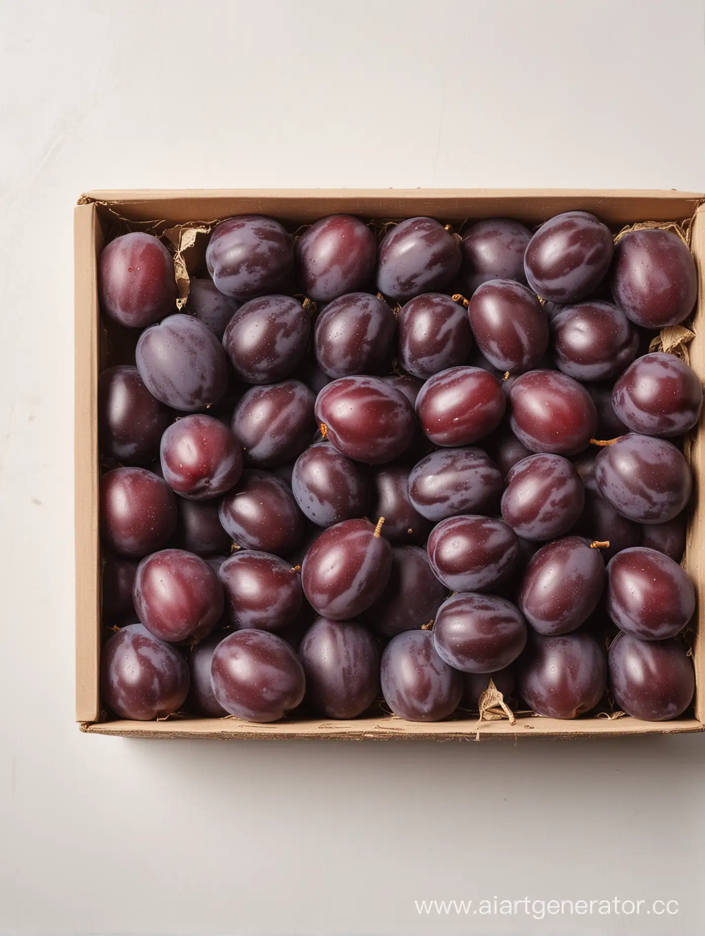 a box with plums on a white background