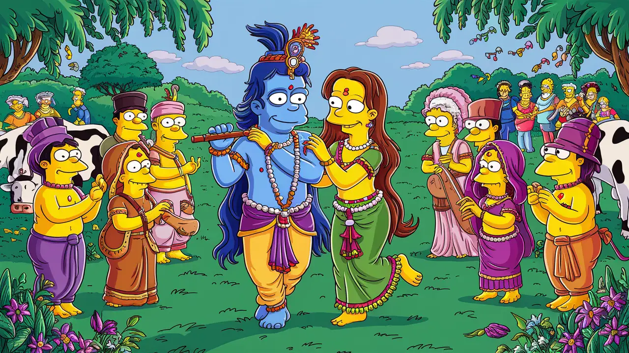 Create image of Krishna, Radha and surrounding villagers in the style of simpsons cartoons