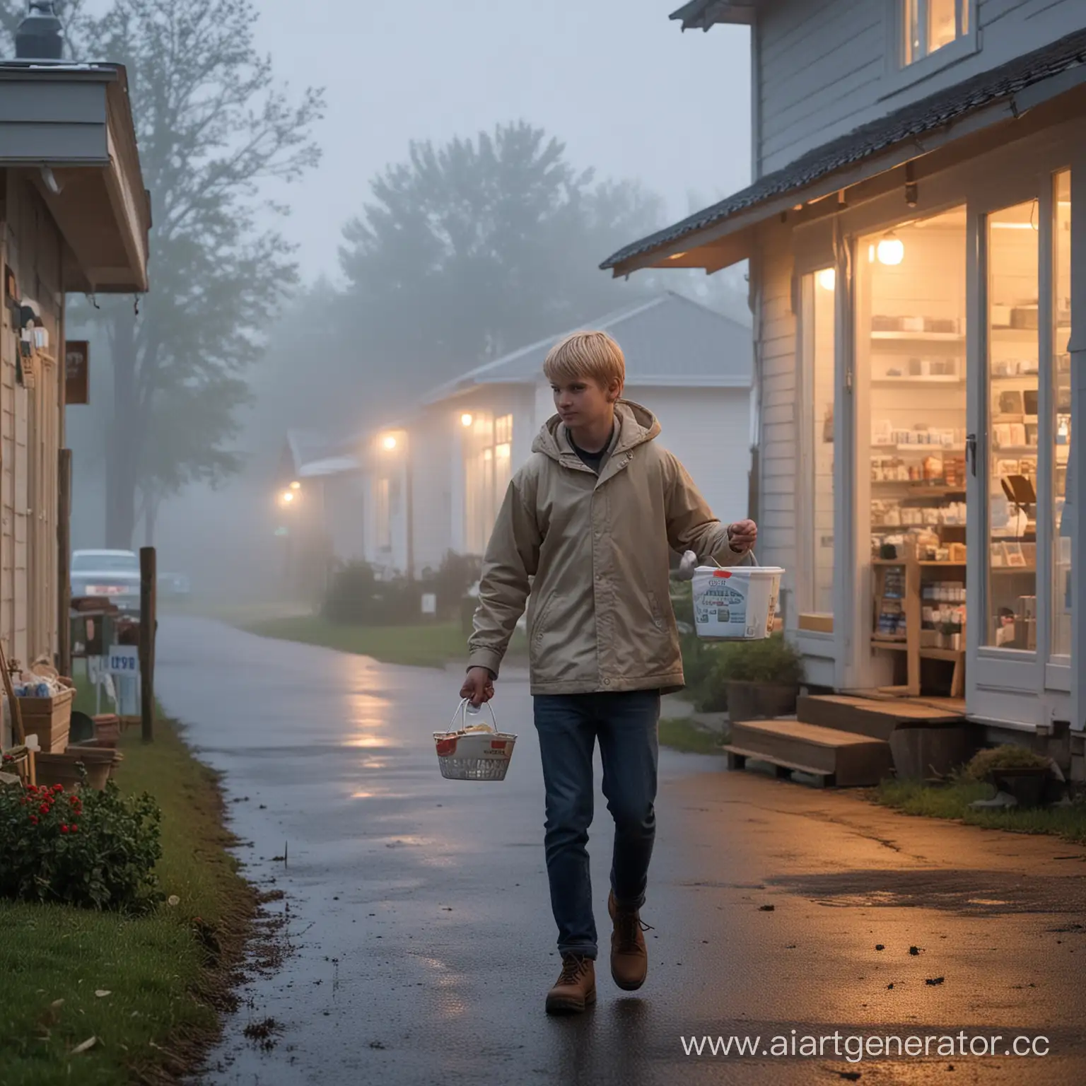 Countryside-Store-Visit-Young-Blond-Man-with-Blind-Son-Buying-Yogurt-at-Dusk