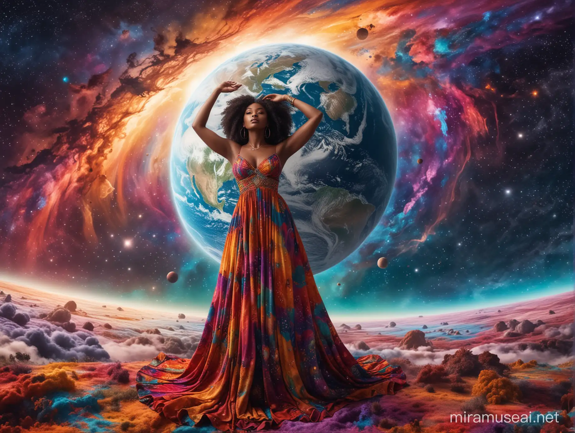 A beautiful full-bodied black women standing in the middle of a colorful universe with a flowy, colorful dress on and holding a massive Earth above her head.