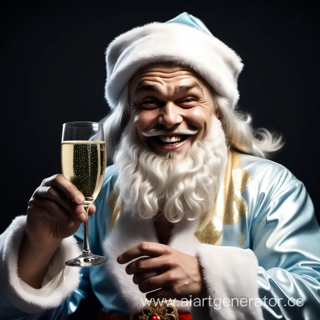 Дед Мороз, улыбаясь как Ди Каприо в известном меме, протягивает зрителю бокал шампанского. Реализм