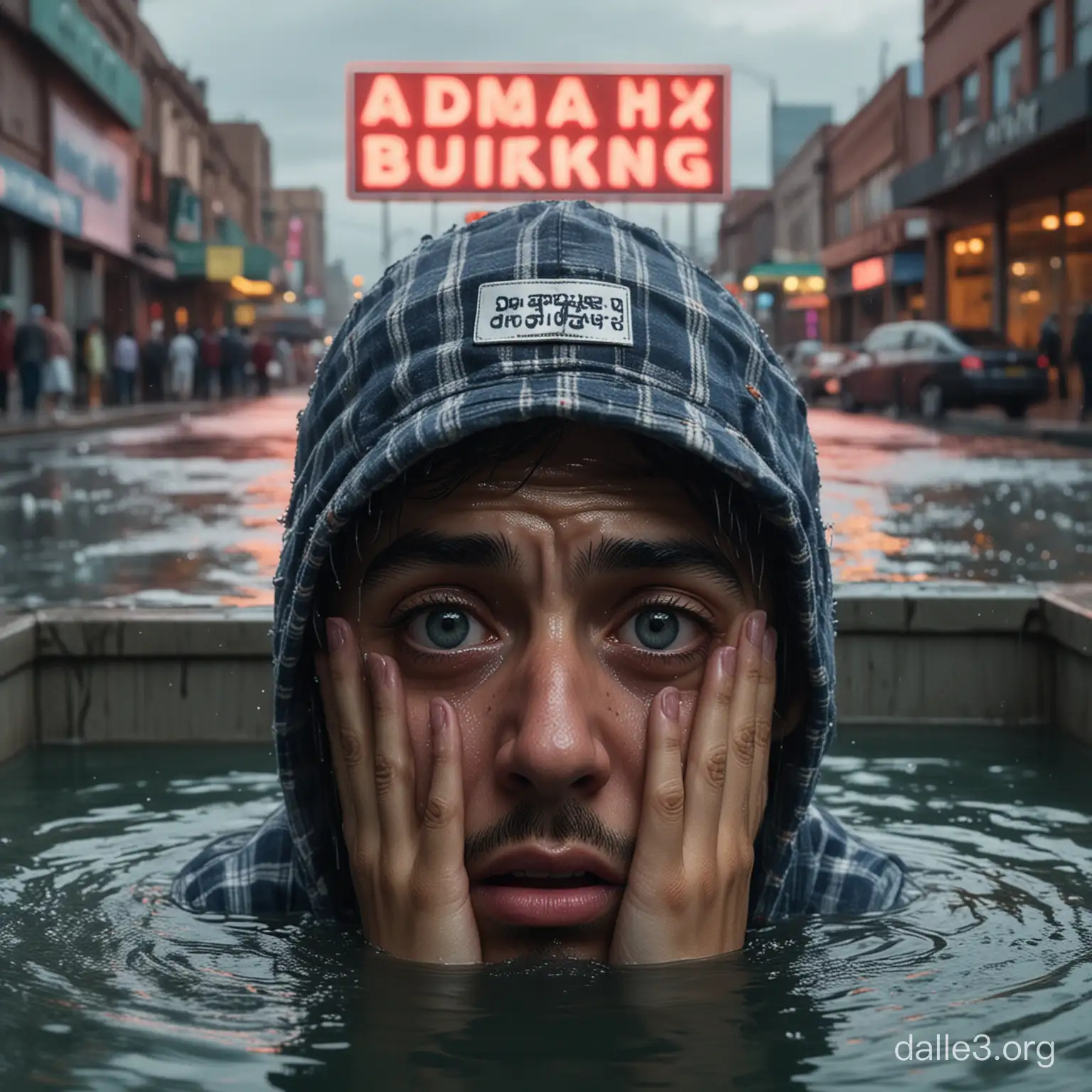 In a hyperrealistic neon box, a tiny figure of a sad crying man, clad in flannel shirts and a backwards cap, is depicted with oversized eyes and tears flooding the bottom of the image, forming a pool of water. The neon sign above reads "adakah bukber" in bold letters, illuminating the scene against a city backdrop. This surreal portrayal captures the emotional intensity of the moment, juxtaposing the mundane with the fantastical in a visually stunning composition.