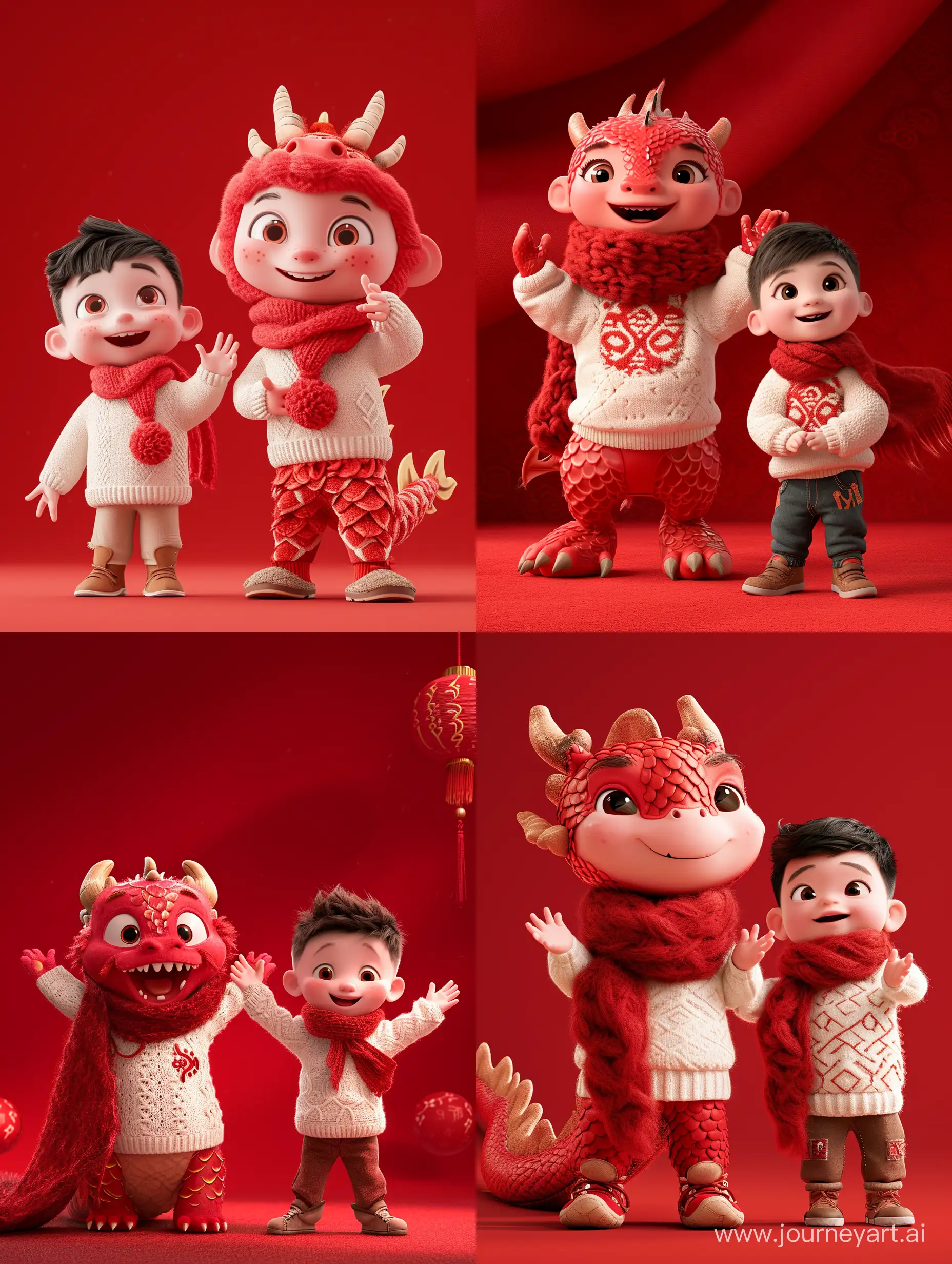 A cute humanized red Chinese dragon baby and a little Chinese boy, Pure Chinese red background, Pixar style, both wearing human white sweaters with a big red wool scarf tied around their neck, doing the same congratulatory gesture, big red background, very festive, Chinese elements, welcoming the New Year --ar 3:4 --s 200