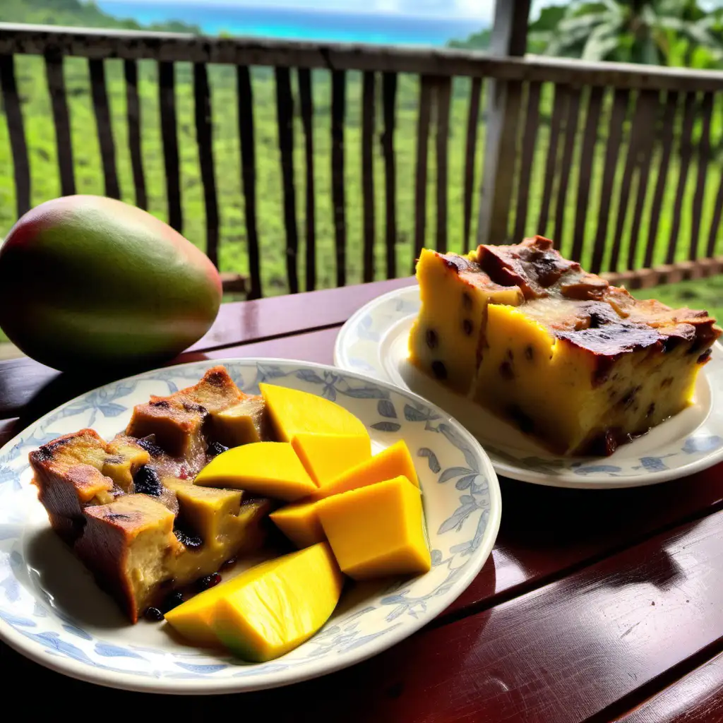one thick slice of bread pudding without sauce, and one whole unpeeled mango. Both on the table on a veranda in rural Jamaica 